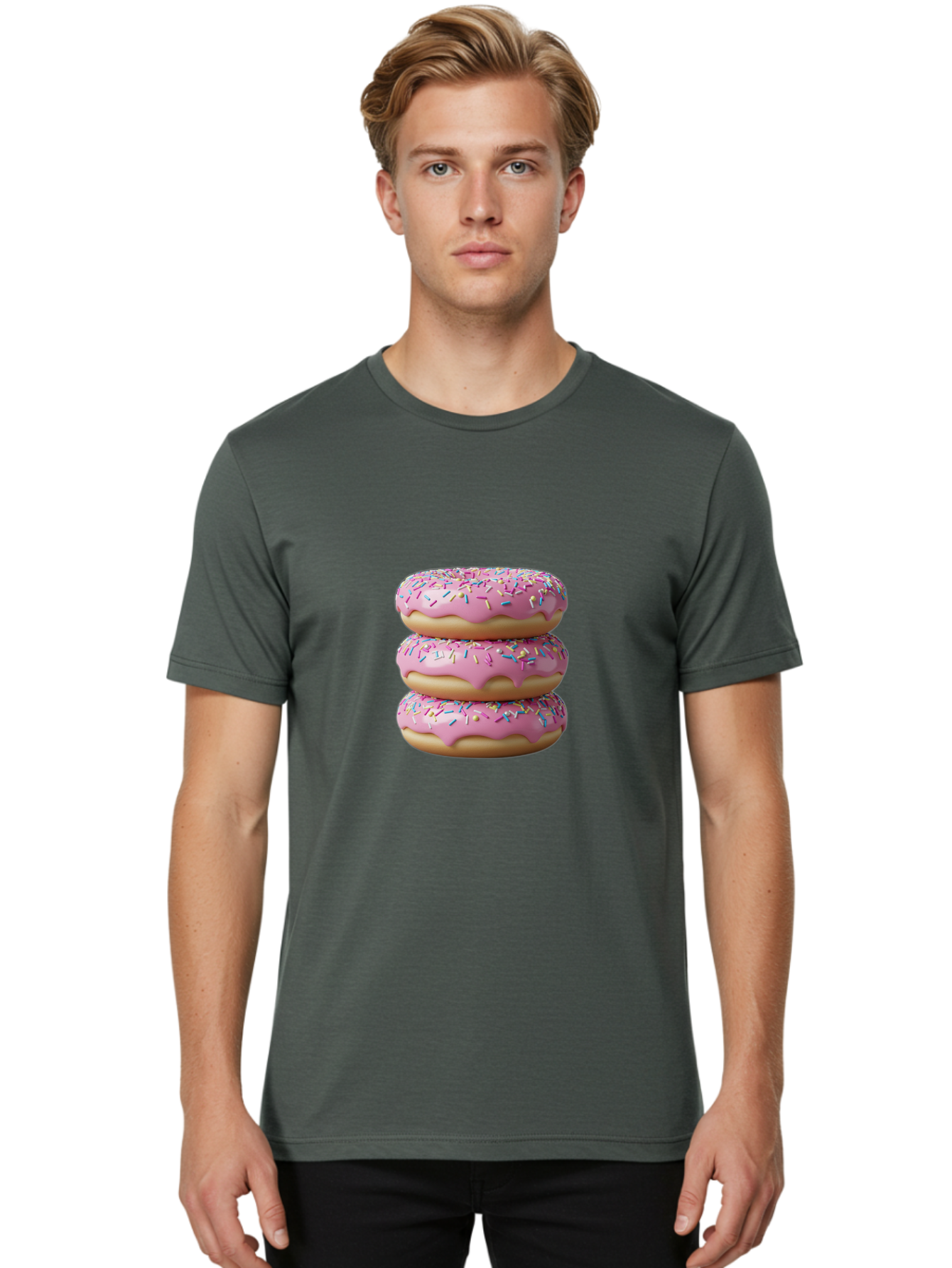 Stacked-Donuts Men'S Graphic Tee, 100% Cotton, Comfortable Casual Summer Wear, Machine Washable, Pink Frosted Donuts, Donuts With Sprinkles, Sweet Treats, Dessert Donuts, Colorful Donuts, Baked Goods, Tasty Pastries, Donut Stack, Sweet Tooth, Bab450