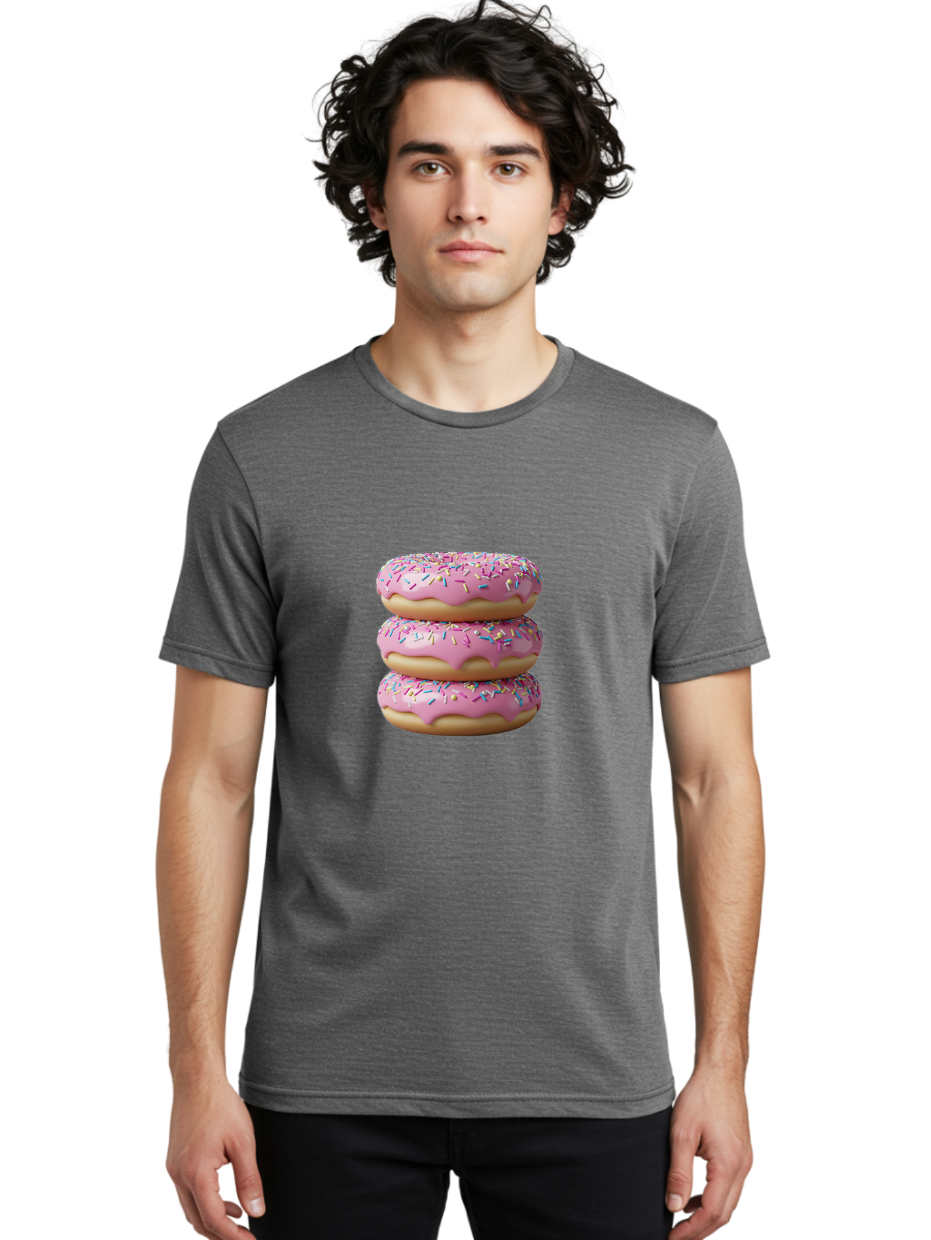 Stacked-Donuts Men'S Graphic Tee, 100% Cotton, Comfortable Casual Summer Wear, Machine Washable, Pink Frosted Donuts, Donuts With Sprinkles, Sweet Treats, Dessert Donuts, Colorful Donuts, Baked Goods, Tasty Pastries, Donut Stack, Sweet Tooth, Bab450