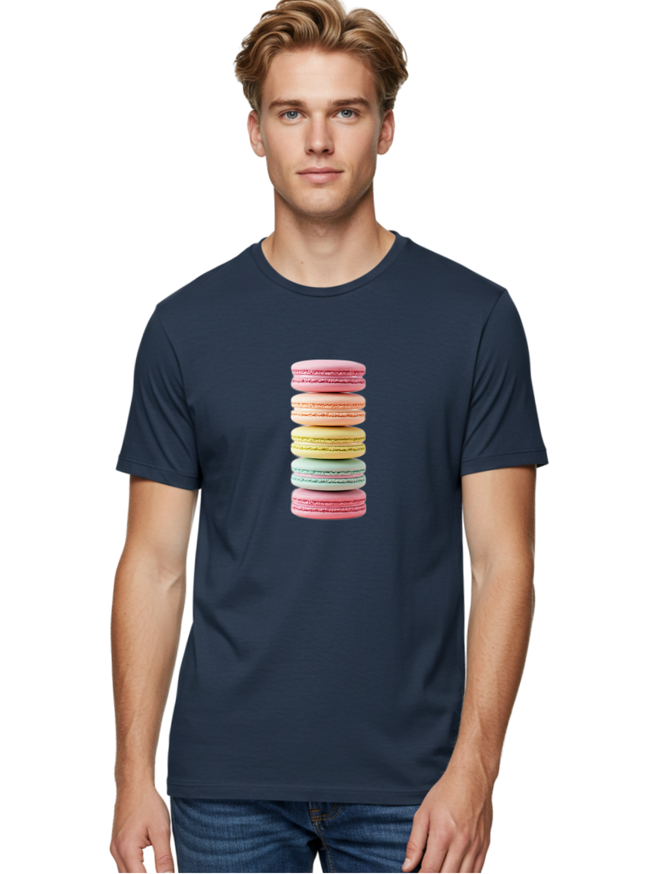 Stacked-Macarons-1 Men'S Graphic Tee, 100% Cotton, Comfortable Casual Summer Wear, Machine Washable, Colorful Macarons, Pastel Colors, Stacked Treats, Sweet Delights, Dessert Lovers, Macaron Tower, French Patisserie, Colorful Sweets, Bab451