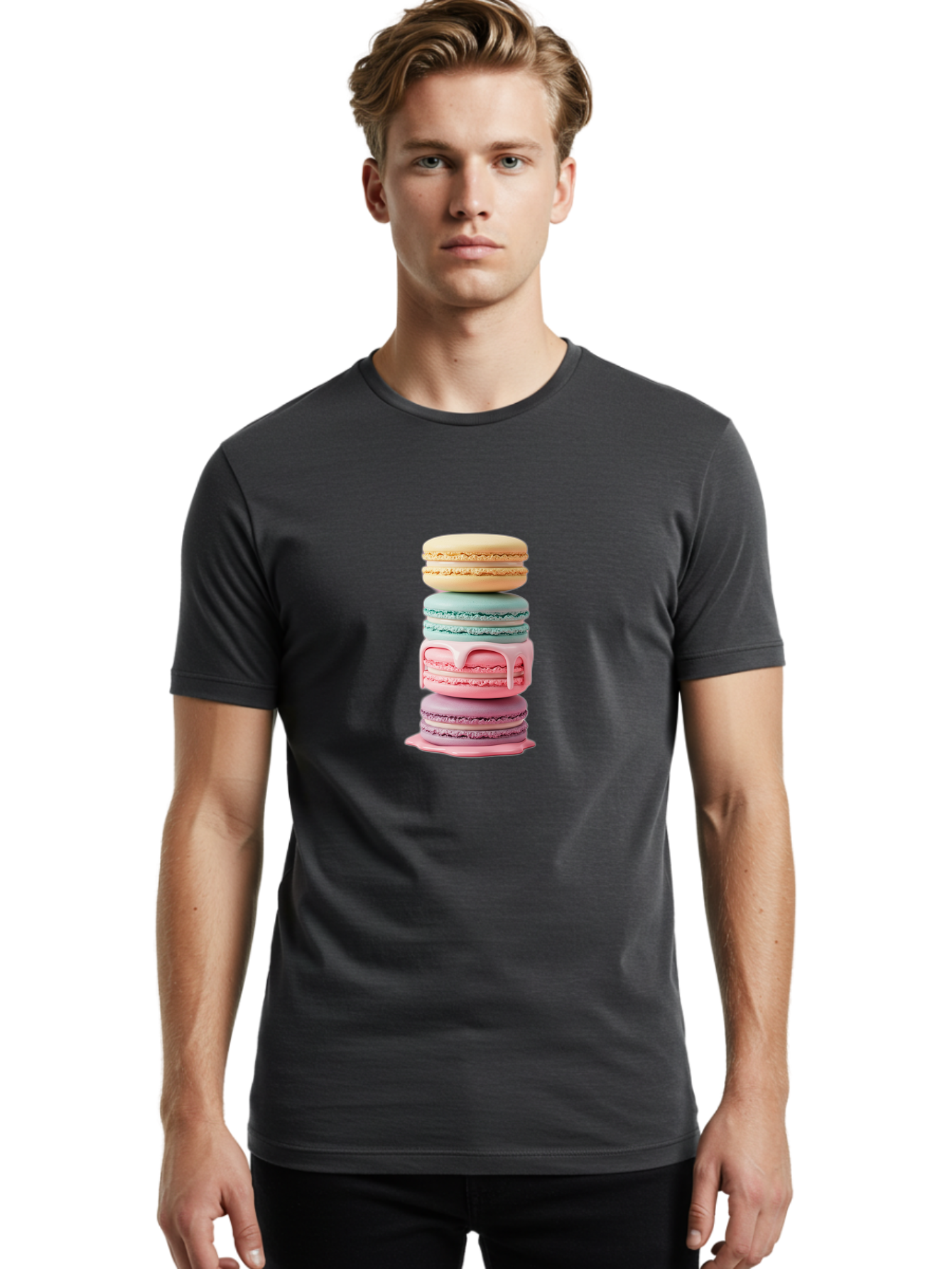 Stacked-Macarons-3 Men'S Graphic Tee, 100% Cotton, Comfortable Casual Summer Wear, Machine Washable, Stack Of Macarons, Pastel Colors, Sweet Treats, Dessert Lovers, French Patisserie, Creamy Filling, Delicate Meringue, Layered Macarons, Bab453