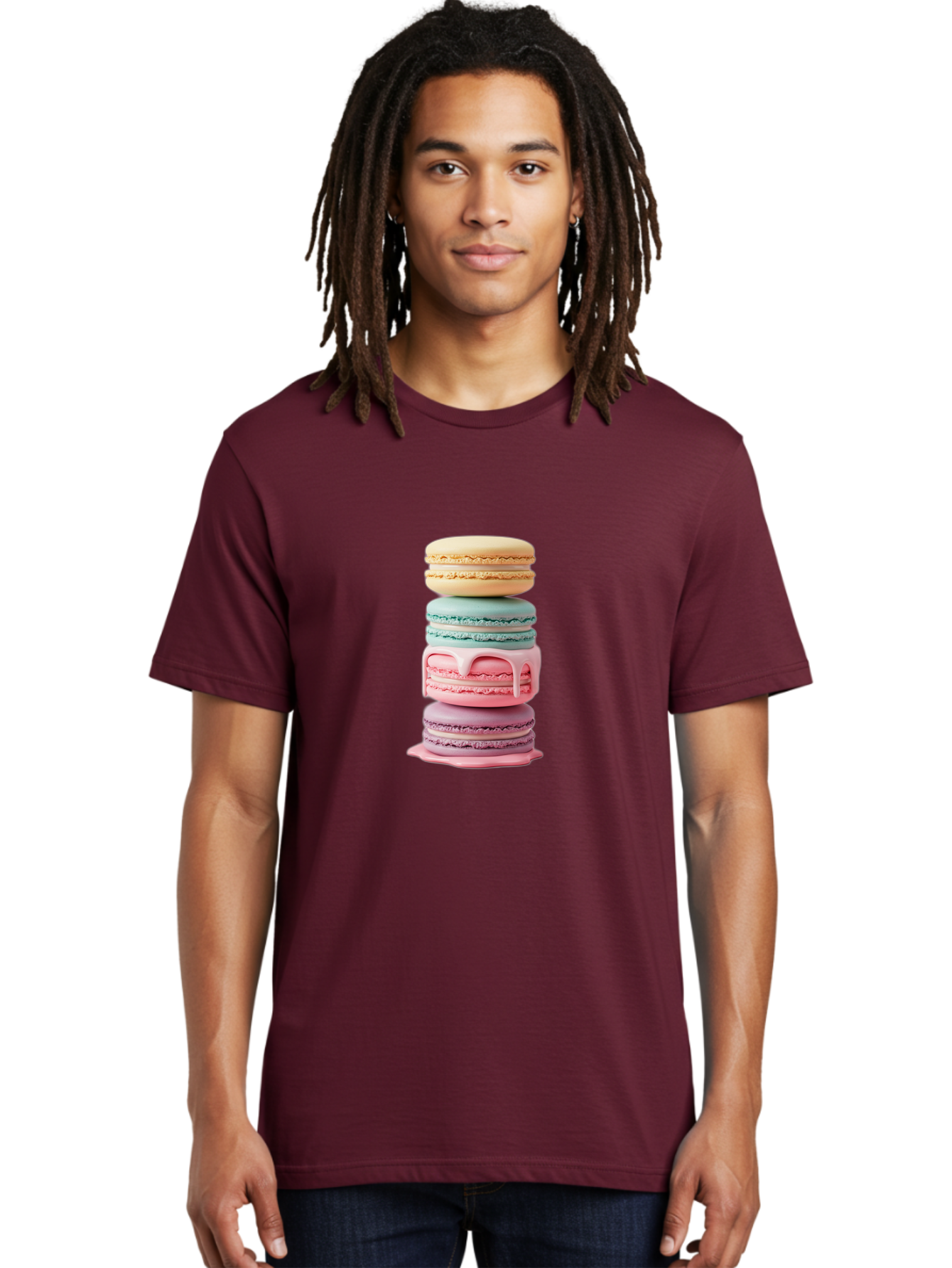 Stacked-Macarons-3 Men'S Graphic Tee, 100% Cotton, Comfortable Casual Summer Wear, Machine Washable, Stack Of Macarons, Pastel Colors, Sweet Treats, Dessert Lovers, French Patisserie, Creamy Filling, Delicate Meringue, Layered Macarons, Bab453