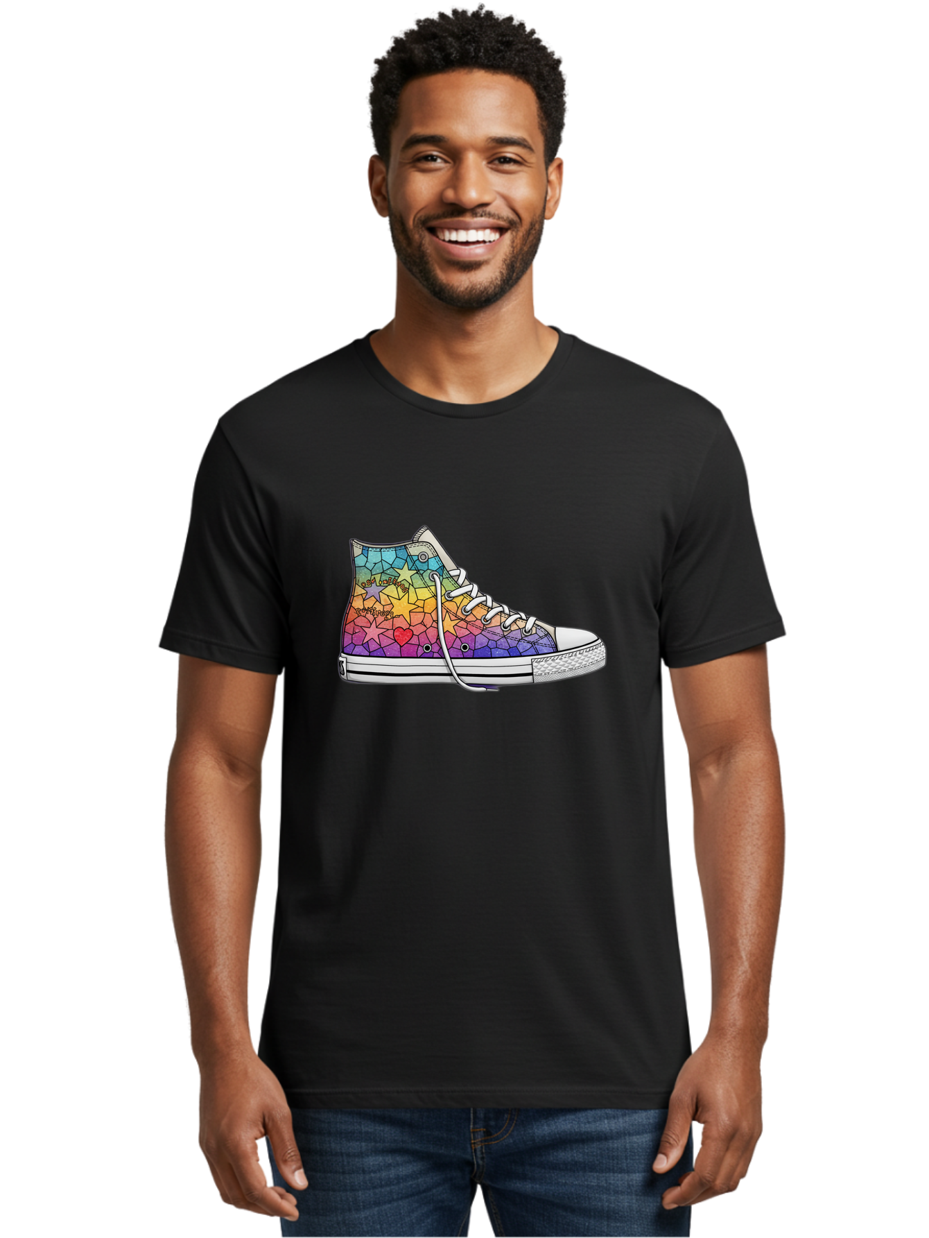 Stained-Glass-Sneaker Men'S Graphic Tee, 100% Cotton, Comfortable Casual Summer Wear, Machine Washable, Colorful Sneakers, Rainbow Stars, Mosaic Art, Vibrant Footwear, Playful Design, Custom Kicks, Funky Fashion, Trendy Shoes, Streetwear Bab456
