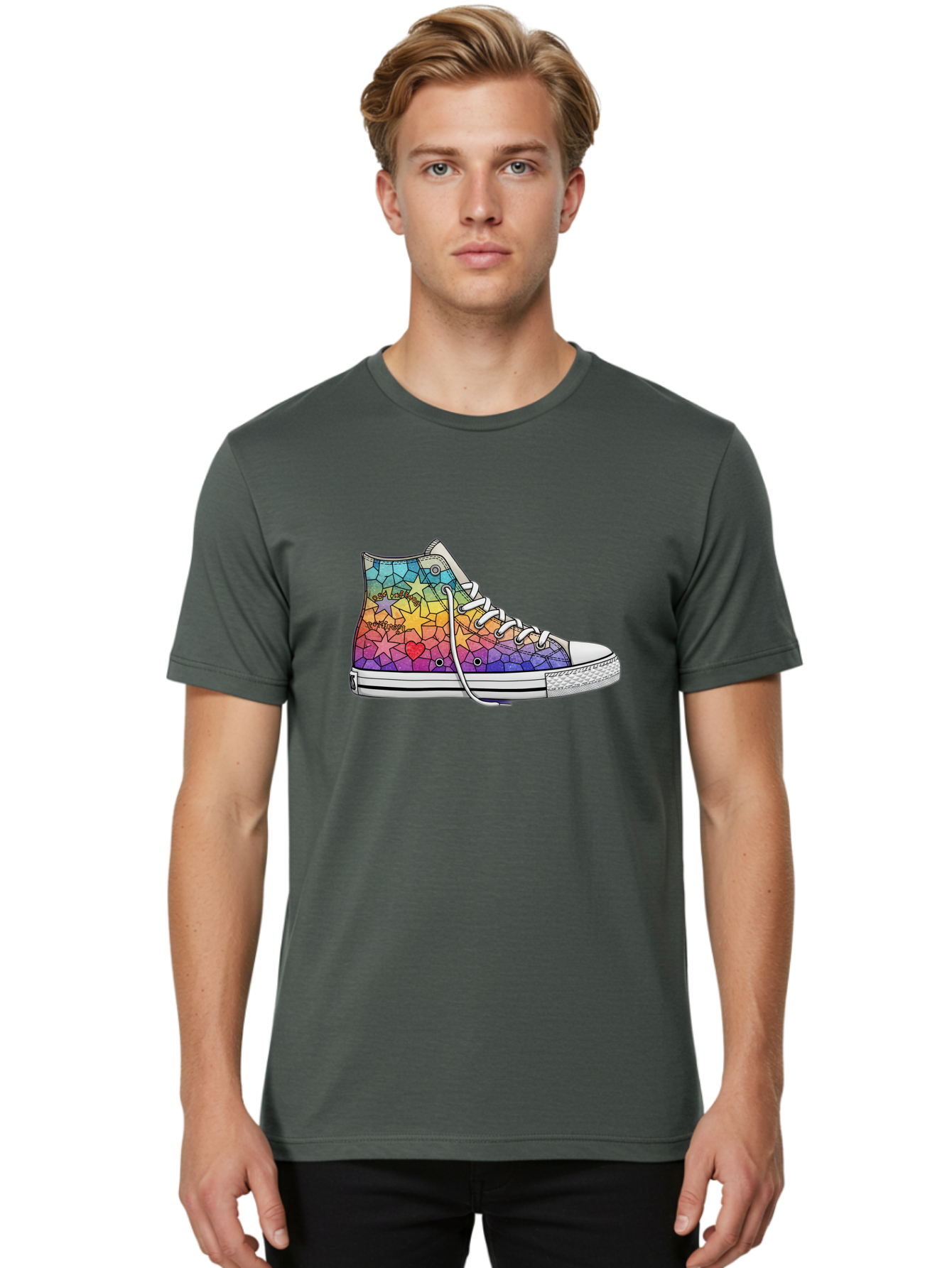 Stained-Glass-Sneaker Men'S Graphic Tee, 100% Cotton, Comfortable Casual Summer Wear, Machine Washable, Colorful Sneakers, Rainbow Stars, Mosaic Art, Vibrant Footwear, Playful Design, Custom Kicks, Funky Fashion, Trendy Shoes, Streetwear Bab456