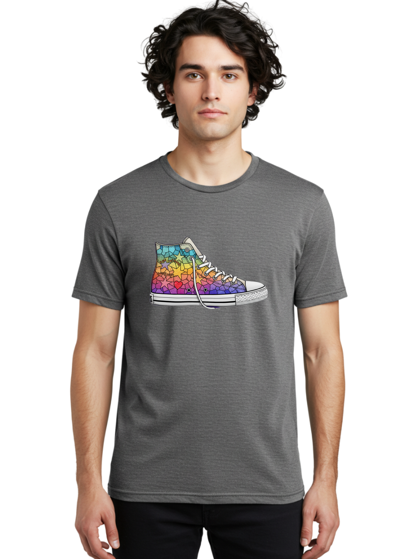 Stained-Glass-Sneaker Men'S Graphic Tee, 100% Cotton, Comfortable Casual Summer Wear, Machine Washable, Colorful Sneakers, Rainbow Stars, Mosaic Art, Vibrant Footwear, Playful Design, Custom Kicks, Funky Fashion, Trendy Shoes, Streetwear Bab456
