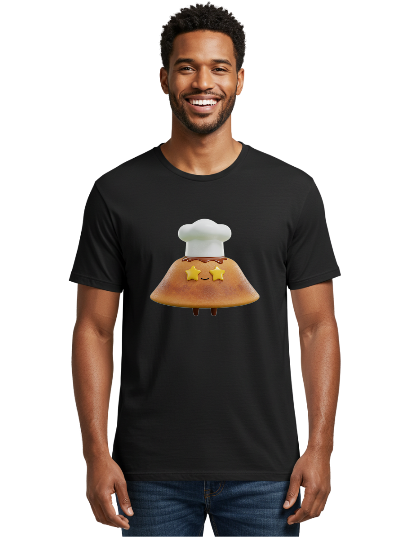 Star-Dosa Men'S Graphic Tee, 100% Cotton, Comfortable Casual Summer Wear, Machine Washable, Smiling Pancake, Chef Hat, Yellow Stars, Chocolate Sauce, Cute Breakfast Food, Adorable Cartoon Character, Fluffy Pancake, Happy Face, Breakfast Theme Bab457