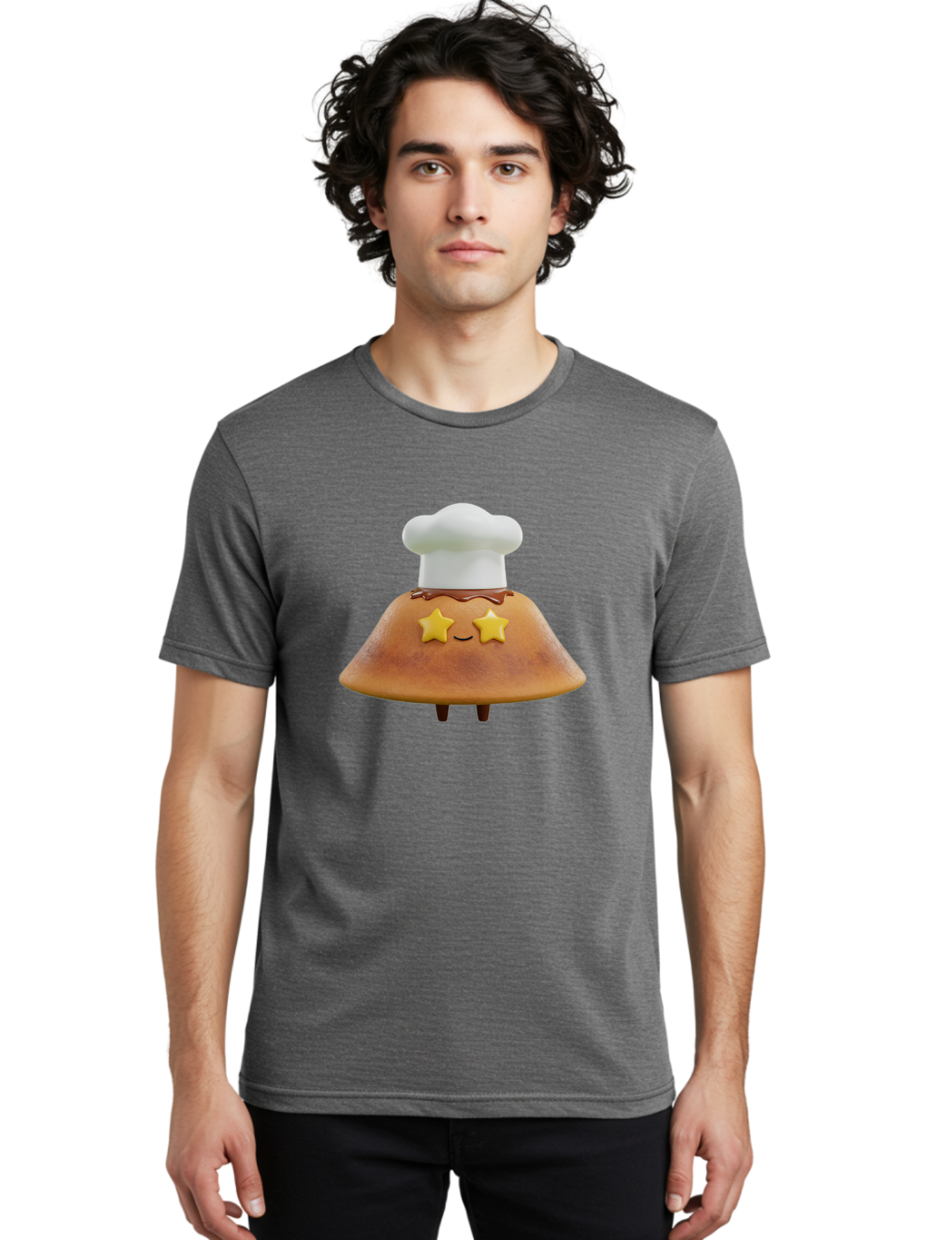 Star-Dosa Men'S Graphic Tee, 100% Cotton, Comfortable Casual Summer Wear, Machine Washable, Smiling Pancake, Chef Hat, Yellow Stars, Chocolate Sauce, Cute Breakfast Food, Adorable Cartoon Character, Fluffy Pancake, Happy Face, Breakfast Theme Bab457