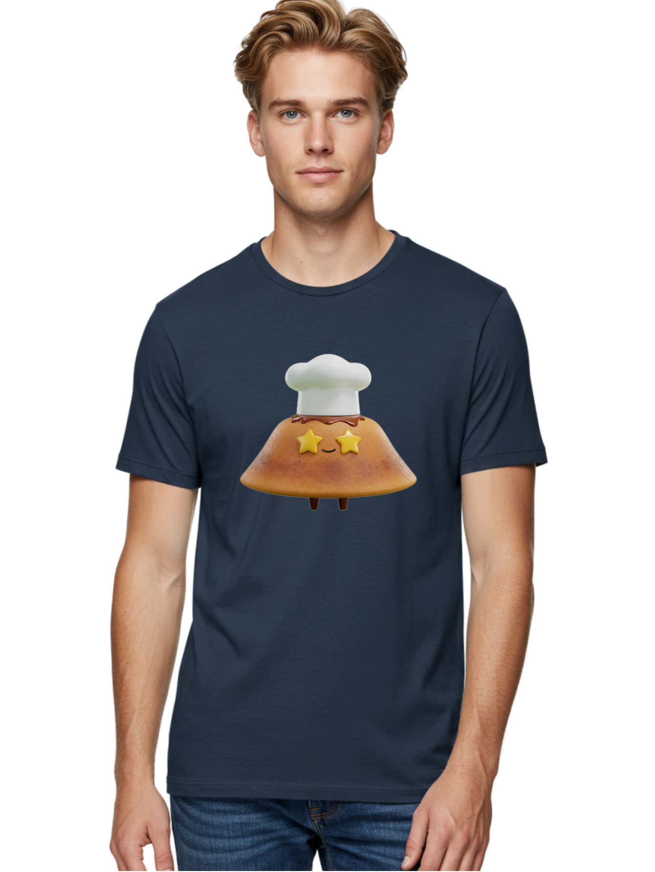 Star-Dosa Men'S Graphic Tee, 100% Cotton, Comfortable Casual Summer Wear, Machine Washable, Smiling Pancake, Chef Hat, Yellow Stars, Chocolate Sauce, Cute Breakfast Food, Adorable Cartoon Character, Fluffy Pancake, Happy Face, Breakfast Theme Bab457
