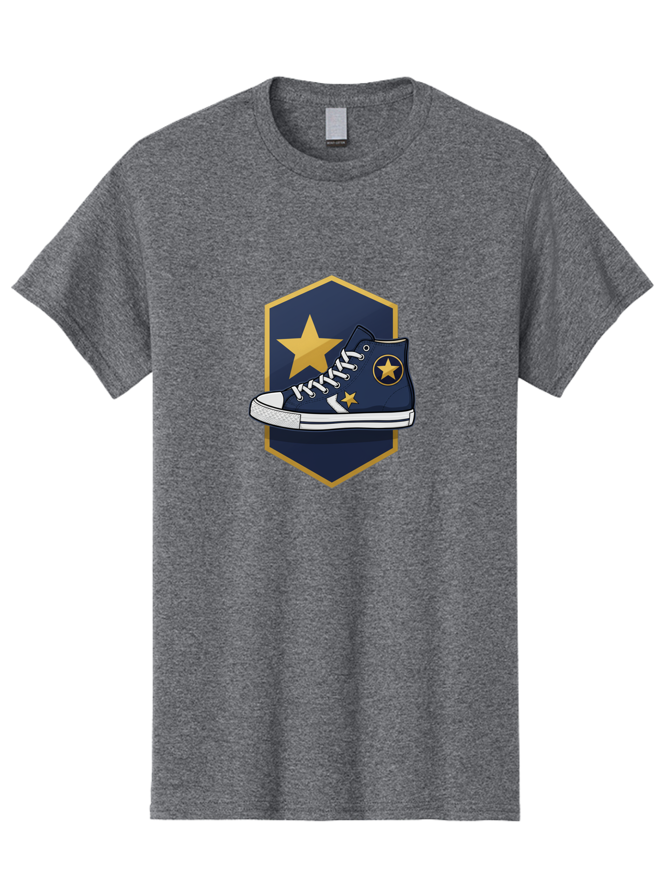 Star-Sneaker Men'S Graphic Tee, 100% Cotton, Comfortable Casual Summer Wear, Machine Washable, Navy Blue Sneaker, White Laces, Yellow Stars, Converse Style, Casual Footwear, Streetwear Fashion, Athletic Shoe, Bold Design, Gold Accents Bab458