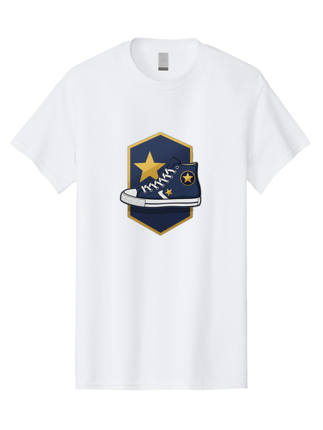 Star-Sneaker Men'S Graphic Tee, 100% Cotton, Comfortable Casual Summer Wear, Machine Washable, Navy Blue Sneaker, White Laces, Yellow Stars, Converse Style, Casual Footwear, Streetwear Fashion, Athletic Shoe, Bold Design, Gold Accents Bab458