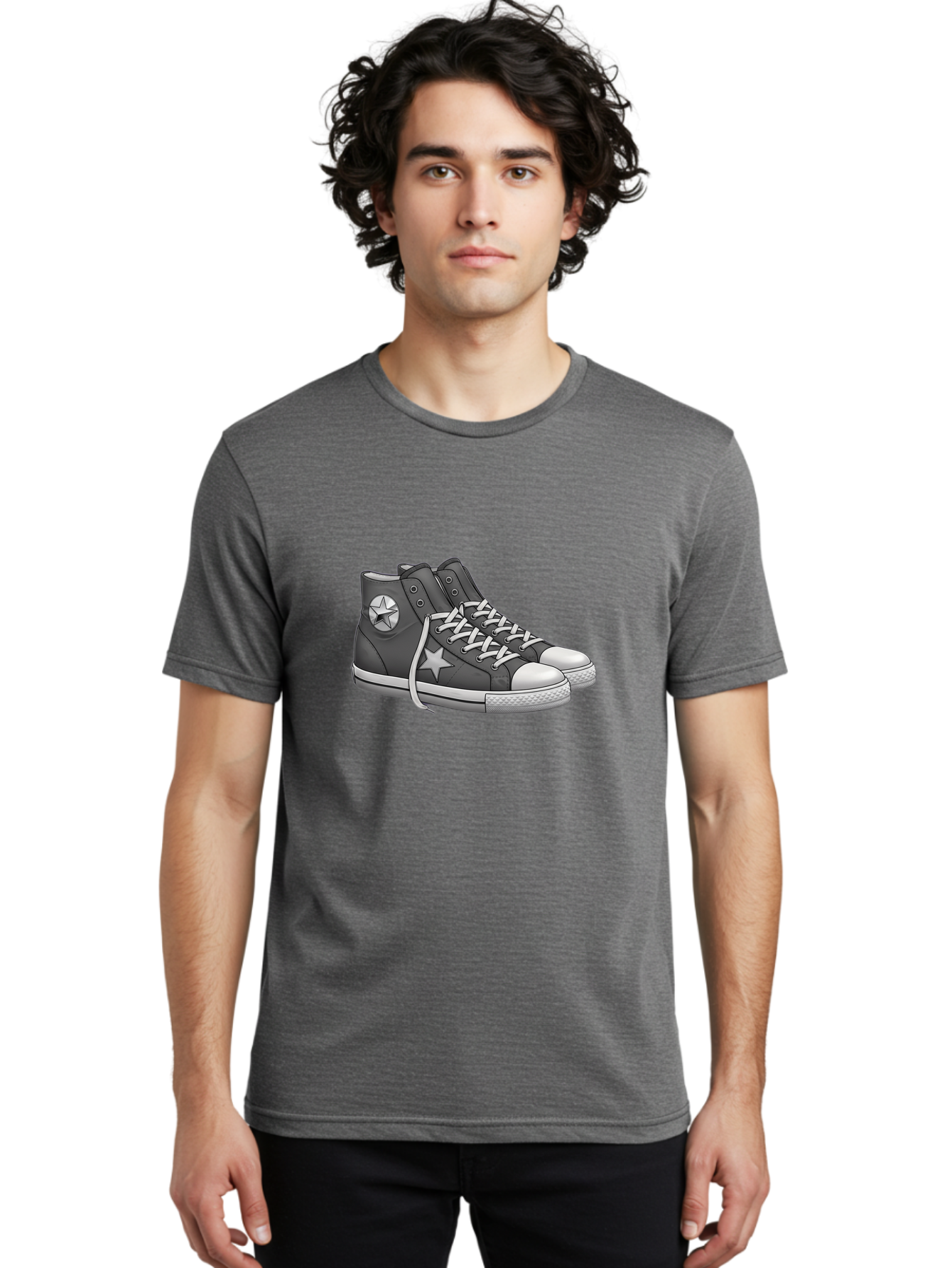Star-Sneakers Men'S Graphic Tee, 100% Cotton, Comfortable Casual Summer Wear, Machine Washable, Black And White Sneakers, White Star Logo, Casual Footwear, Streetwear Fashion, Athletic Shoes, Minimalist Design, Converse Style Bab459
