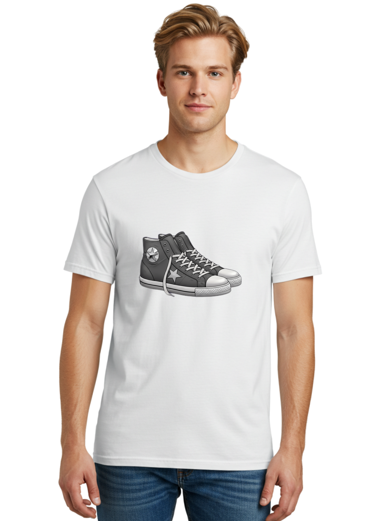 Star-Sneakers Men'S Graphic Tee, 100% Cotton, Comfortable Casual Summer Wear, Machine Washable, Black And White Sneakers, White Star Logo, Casual Footwear, Streetwear Fashion, Athletic Shoes, Minimalist Design, Converse Style Bab459