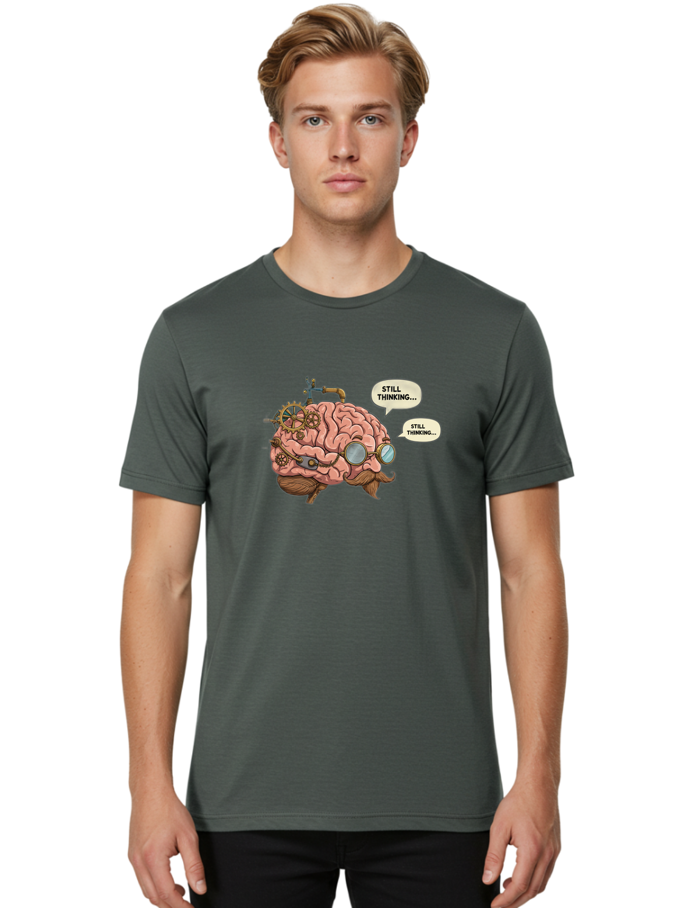 Steampunk-Brain-1 Men'S Graphic Tee, 100% Cotton, Comfortable Casual Summer Wear, Machine Washable, Steampunk Brain, Thinking Process, Problem Solving, Cognitive Function, Mental Gears, Creative Thought, Still Thinking Text, Brain Power, Bab460