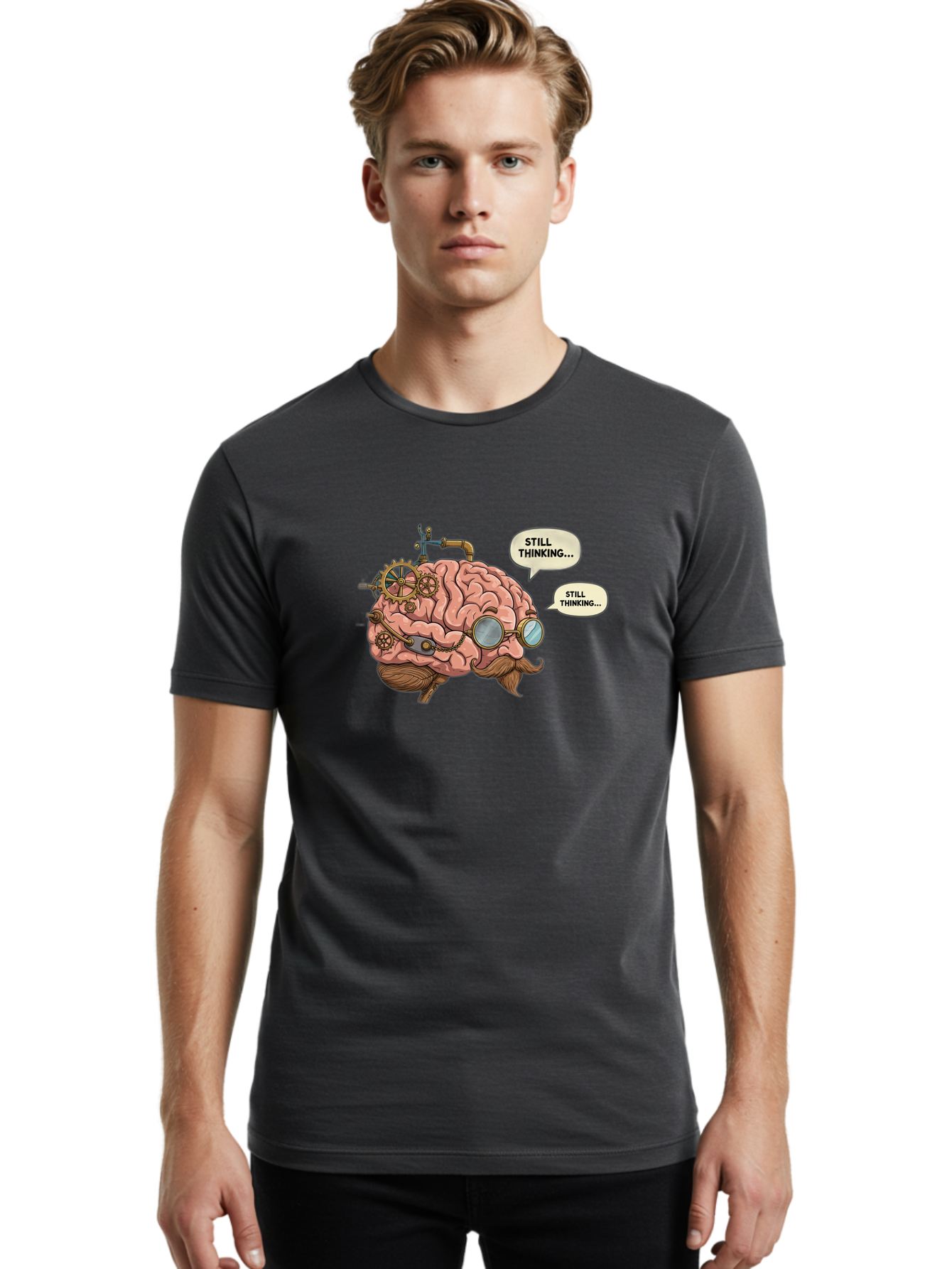 Steampunk-Brain-1 Men'S Graphic Tee, 100% Cotton, Comfortable Casual Summer Wear, Machine Washable, Steampunk Brain, Thinking Process, Problem Solving, Cognitive Function, Mental Gears, Creative Thought, Still Thinking Text, Brain Power, Bab460