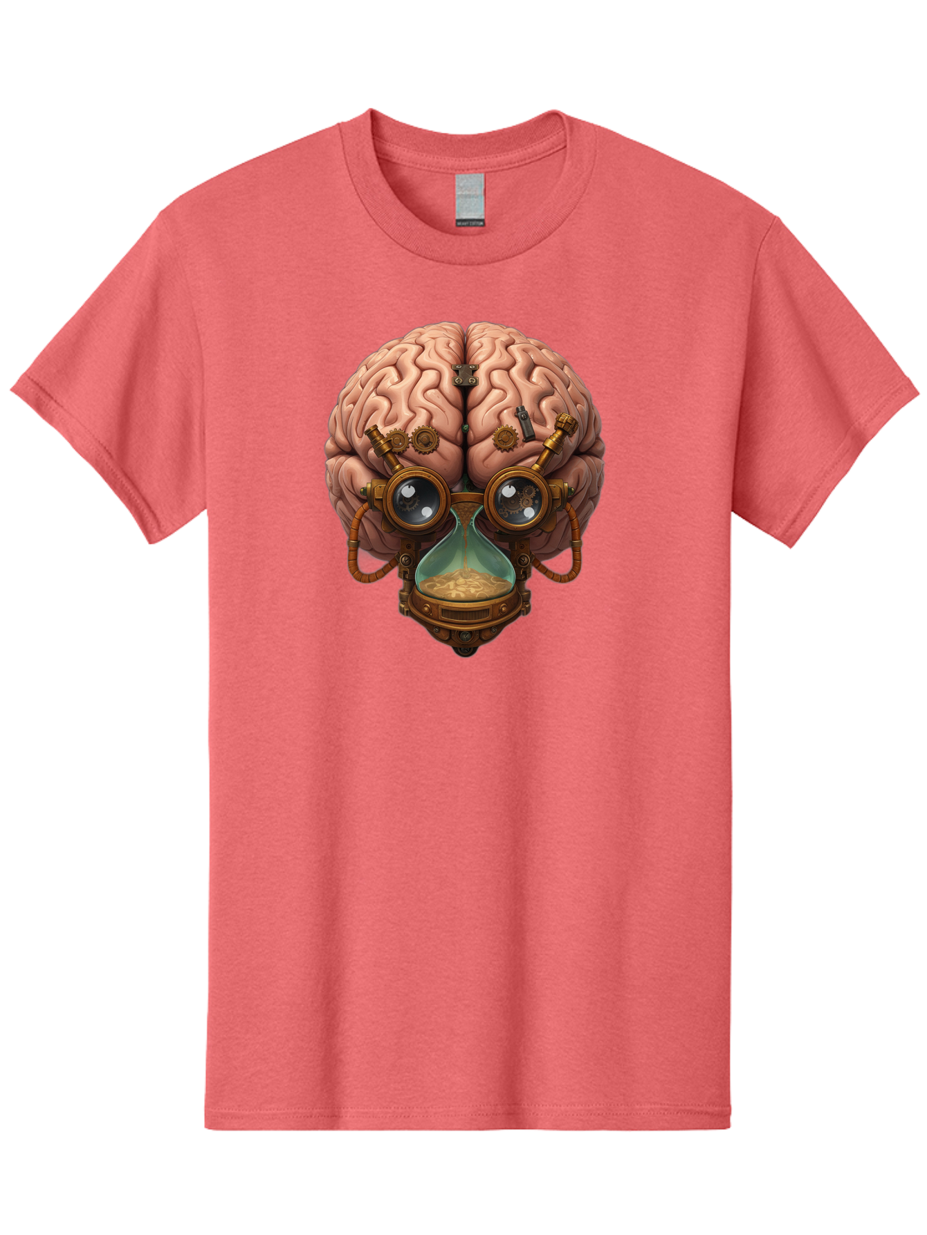 Steampunk-Brain Men'S Graphic Tee, 100% Cotton, Comfortable Casual Summer Wear, Machine Washable, Steampunk-Inspired Art, Brain With Goggles, Hourglass, Gears, Cogs, Industrial Design, Futuristic Innovation, Surrealism, Creative Imagination, Bab461