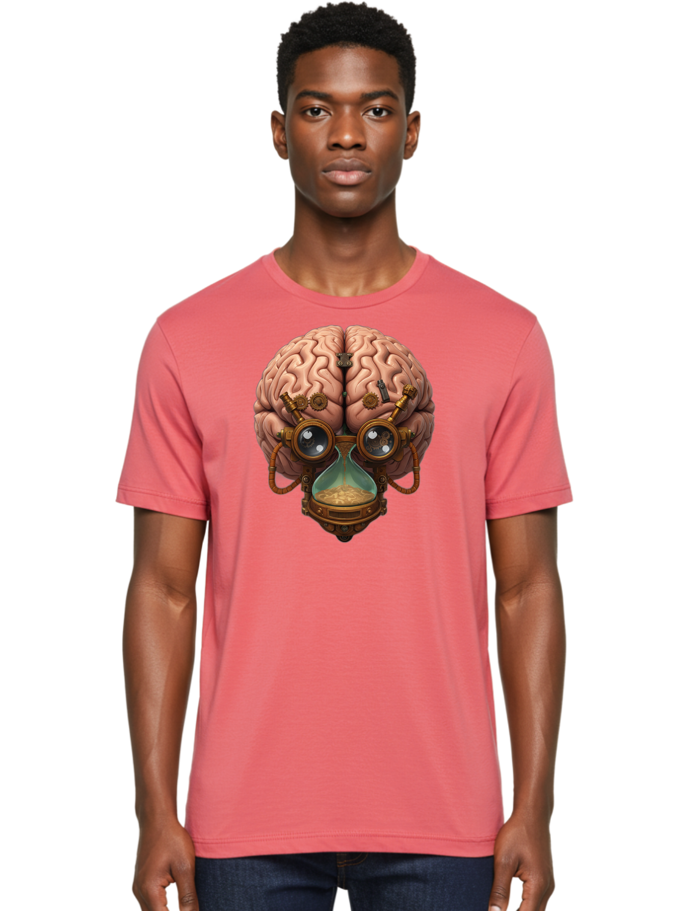 Steampunk-Brain Men'S Graphic Tee, 100% Cotton, Comfortable Casual Summer Wear, Machine Washable, Steampunk-Inspired Art, Brain With Goggles, Hourglass, Gears, Cogs, Industrial Design, Futuristic Innovation, Surrealism, Creative Imagination, Bab461