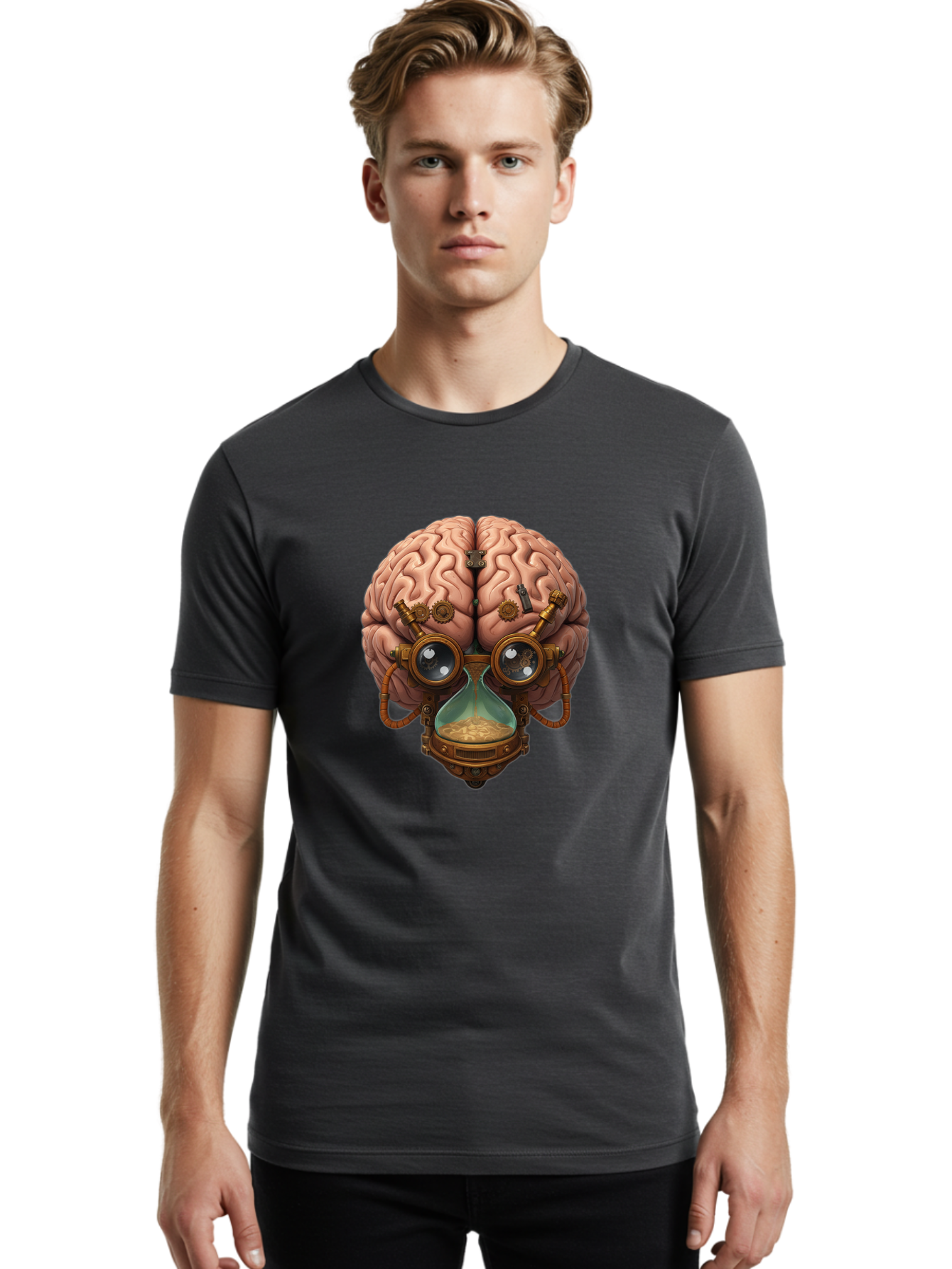 Steampunk-Brain Men'S Graphic Tee, 100% Cotton, Comfortable Casual Summer Wear, Machine Washable, Steampunk-Inspired Art, Brain With Goggles, Hourglass, Gears, Cogs, Industrial Design, Futuristic Innovation, Surrealism, Creative Imagination, Bab461