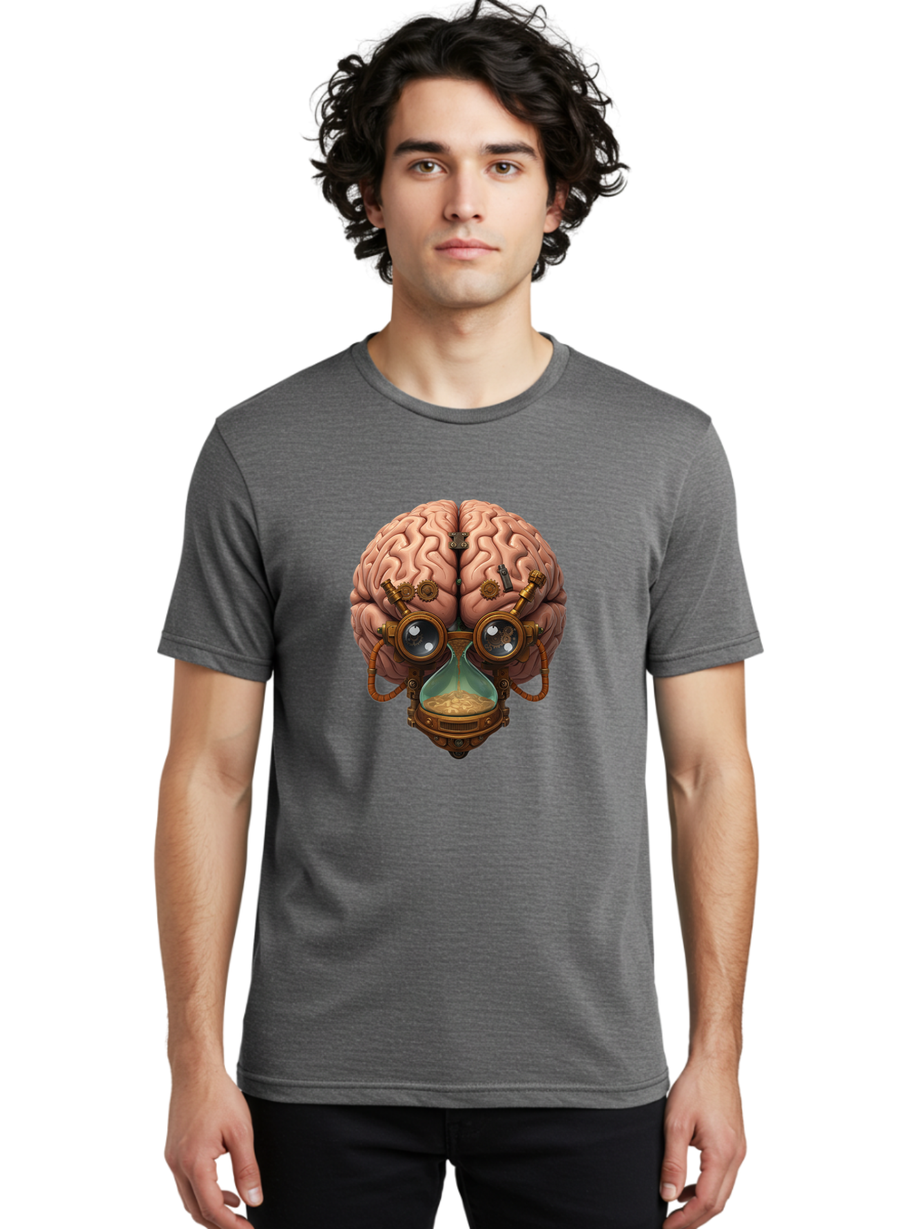 Steampunk-Brain Men'S Graphic Tee, 100% Cotton, Comfortable Casual Summer Wear, Machine Washable, Steampunk-Inspired Art, Brain With Goggles, Hourglass, Gears, Cogs, Industrial Design, Futuristic Innovation, Surrealism, Creative Imagination, Bab461