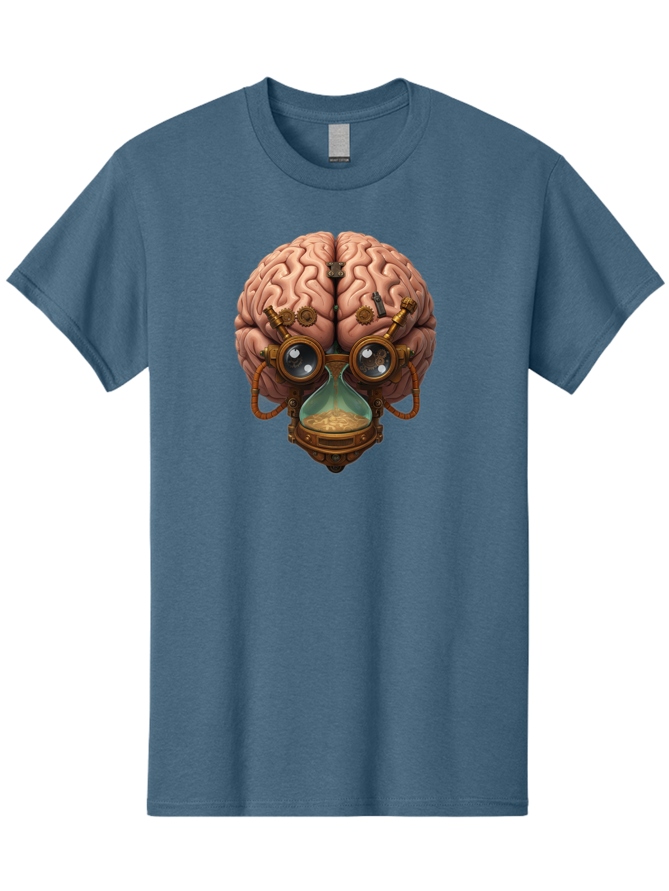 Steampunk-Brain Men'S Graphic Tee, 100% Cotton, Comfortable Casual Summer Wear, Machine Washable, Steampunk-Inspired Art, Brain With Goggles, Hourglass, Gears, Cogs, Industrial Design, Futuristic Innovation, Surrealism, Creative Imagination, Bab461