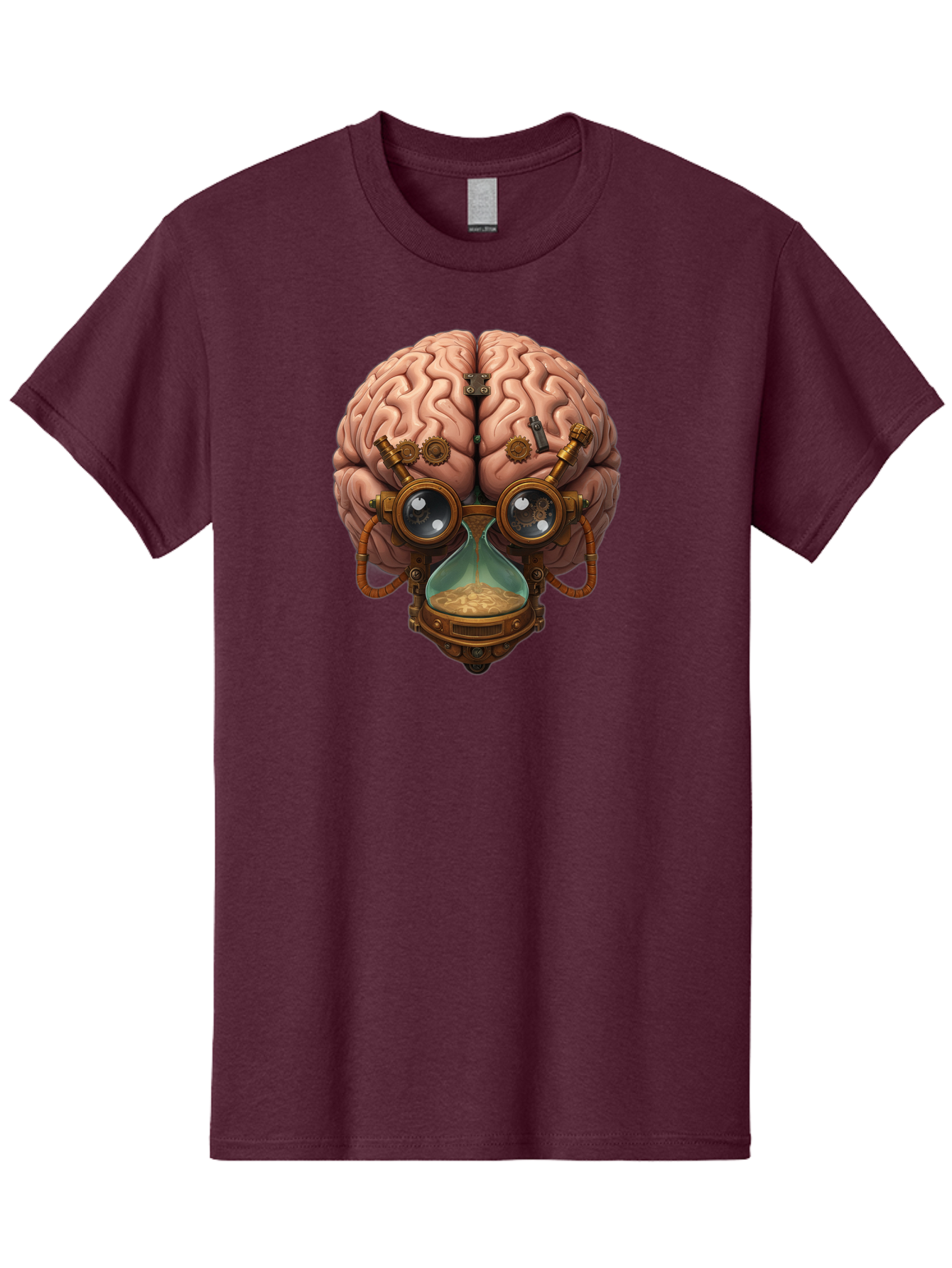 Steampunk-Brain Men'S Graphic Tee, 100% Cotton, Comfortable Casual Summer Wear, Machine Washable, Steampunk-Inspired Art, Brain With Goggles, Hourglass, Gears, Cogs, Industrial Design, Futuristic Innovation, Surrealism, Creative Imagination, Bab461