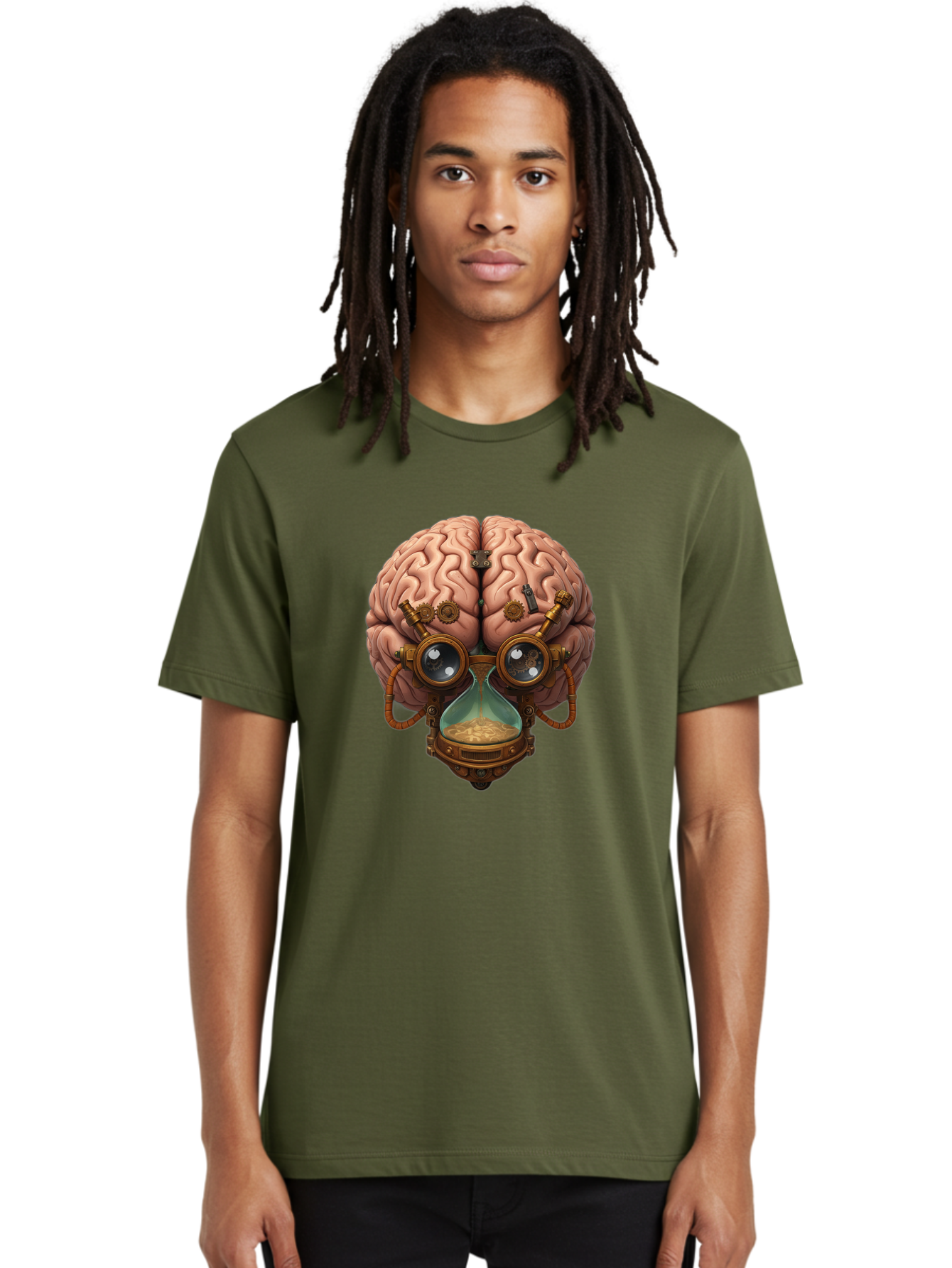 Steampunk-Brain Men'S Graphic Tee, 100% Cotton, Comfortable Casual Summer Wear, Machine Washable, Steampunk-Inspired Art, Brain With Goggles, Hourglass, Gears, Cogs, Industrial Design, Futuristic Innovation, Surrealism, Creative Imagination, Bab461