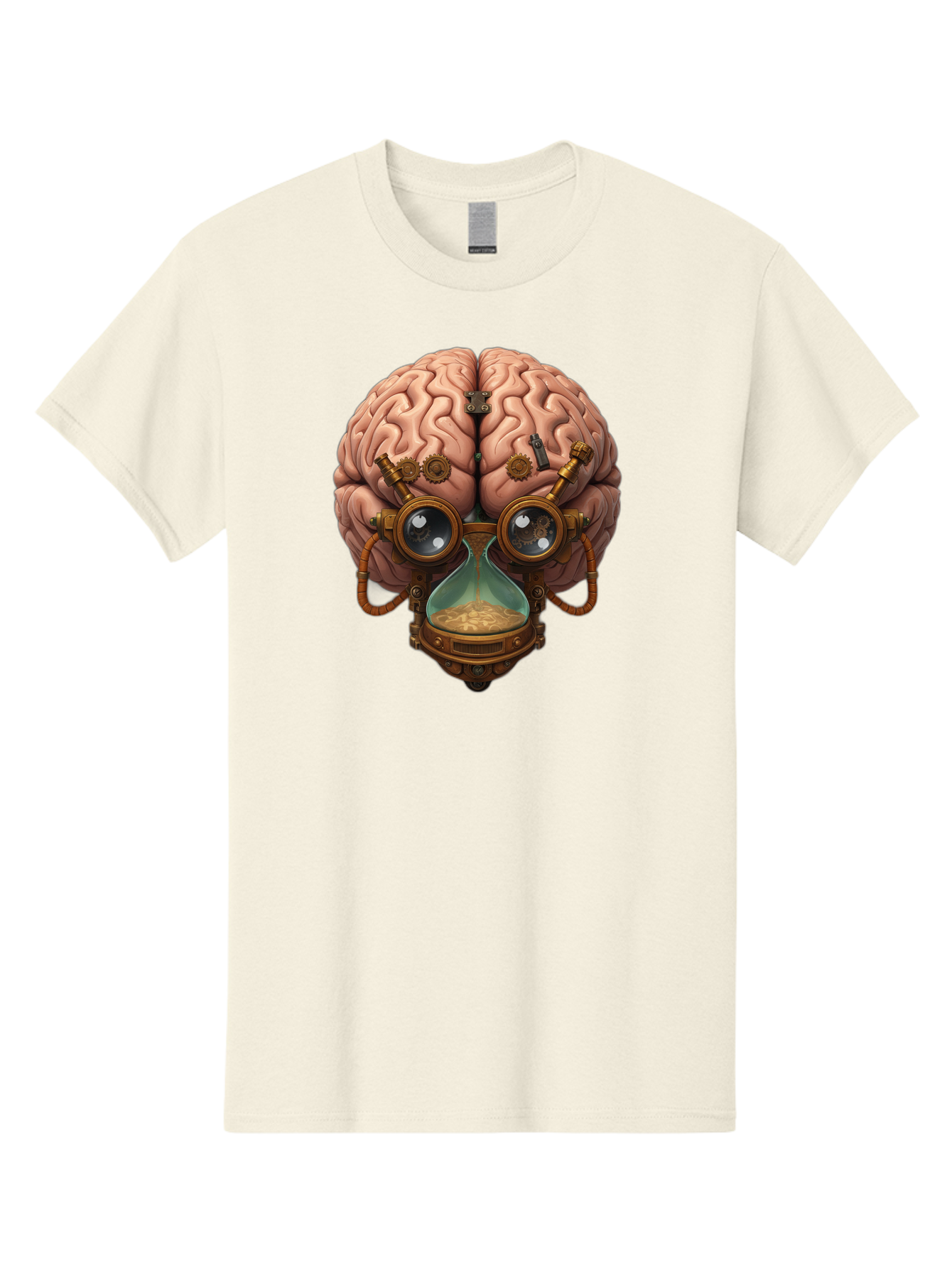 Steampunk-Brain Men'S Graphic Tee, 100% Cotton, Comfortable Casual Summer Wear, Machine Washable, Steampunk-Inspired Art, Brain With Goggles, Hourglass, Gears, Cogs, Industrial Design, Futuristic Innovation, Surrealism, Creative Imagination, Bab461