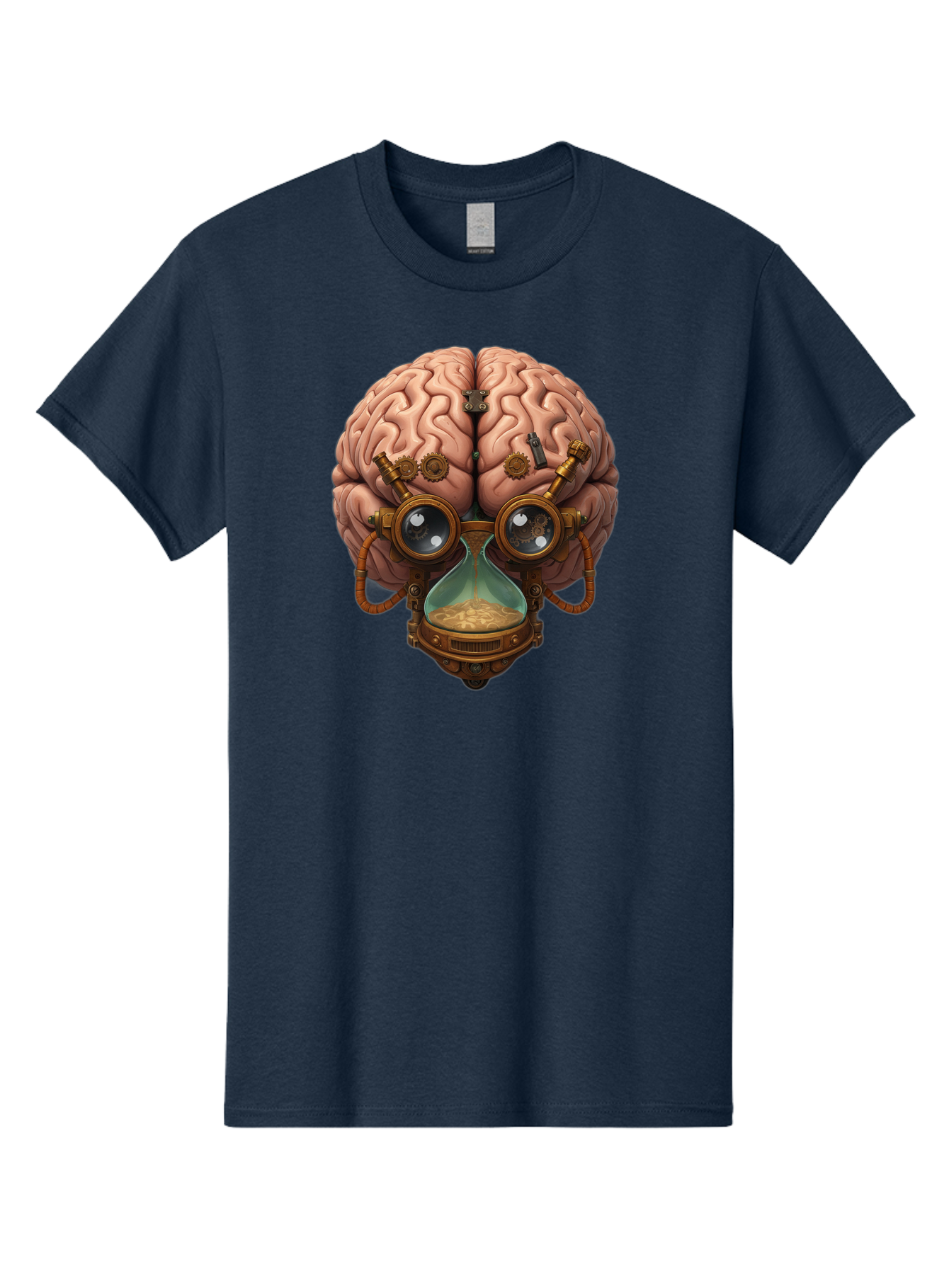 Steampunk-Brain Men'S Graphic Tee, 100% Cotton, Comfortable Casual Summer Wear, Machine Washable, Steampunk-Inspired Art, Brain With Goggles, Hourglass, Gears, Cogs, Industrial Design, Futuristic Innovation, Surrealism, Creative Imagination, Bab461