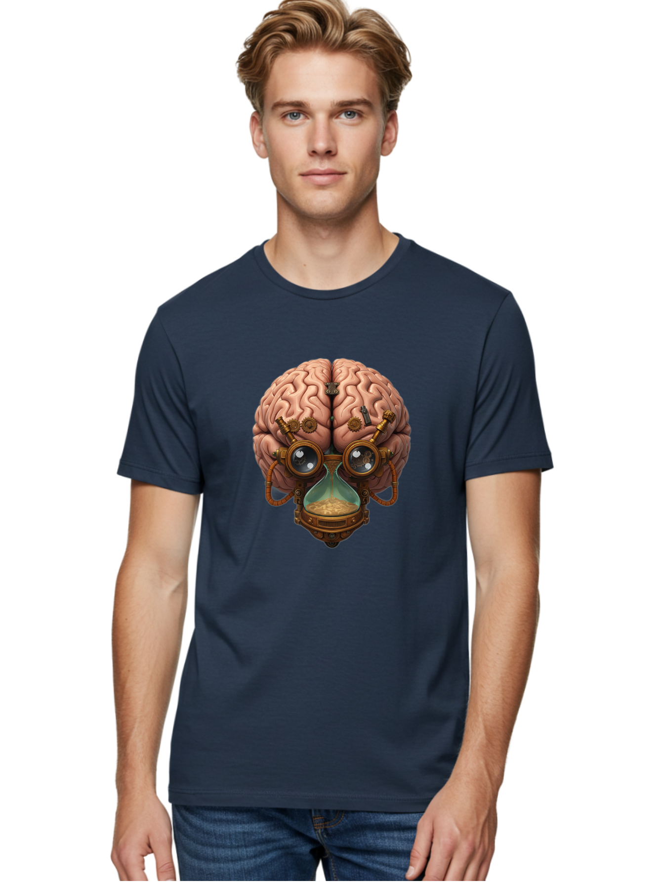 Steampunk-Brain Men'S Graphic Tee, 100% Cotton, Comfortable Casual Summer Wear, Machine Washable, Steampunk-Inspired Art, Brain With Goggles, Hourglass, Gears, Cogs, Industrial Design, Futuristic Innovation, Surrealism, Creative Imagination, Bab461
