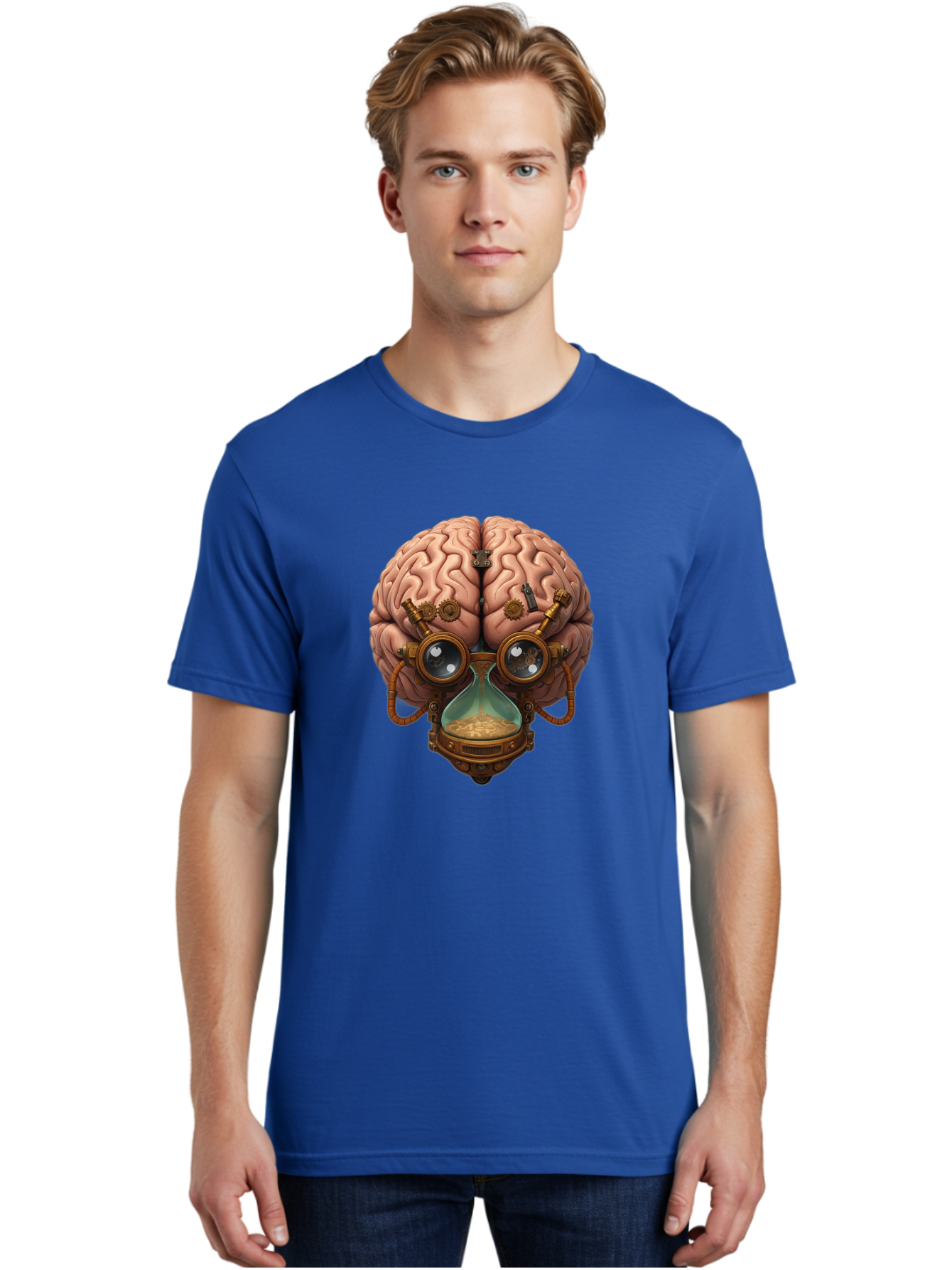 Steampunk-Brain Men'S Graphic Tee, 100% Cotton, Comfortable Casual Summer Wear, Machine Washable, Steampunk-Inspired Art, Brain With Goggles, Hourglass, Gears, Cogs, Industrial Design, Futuristic Innovation, Surrealism, Creative Imagination, Bab461
