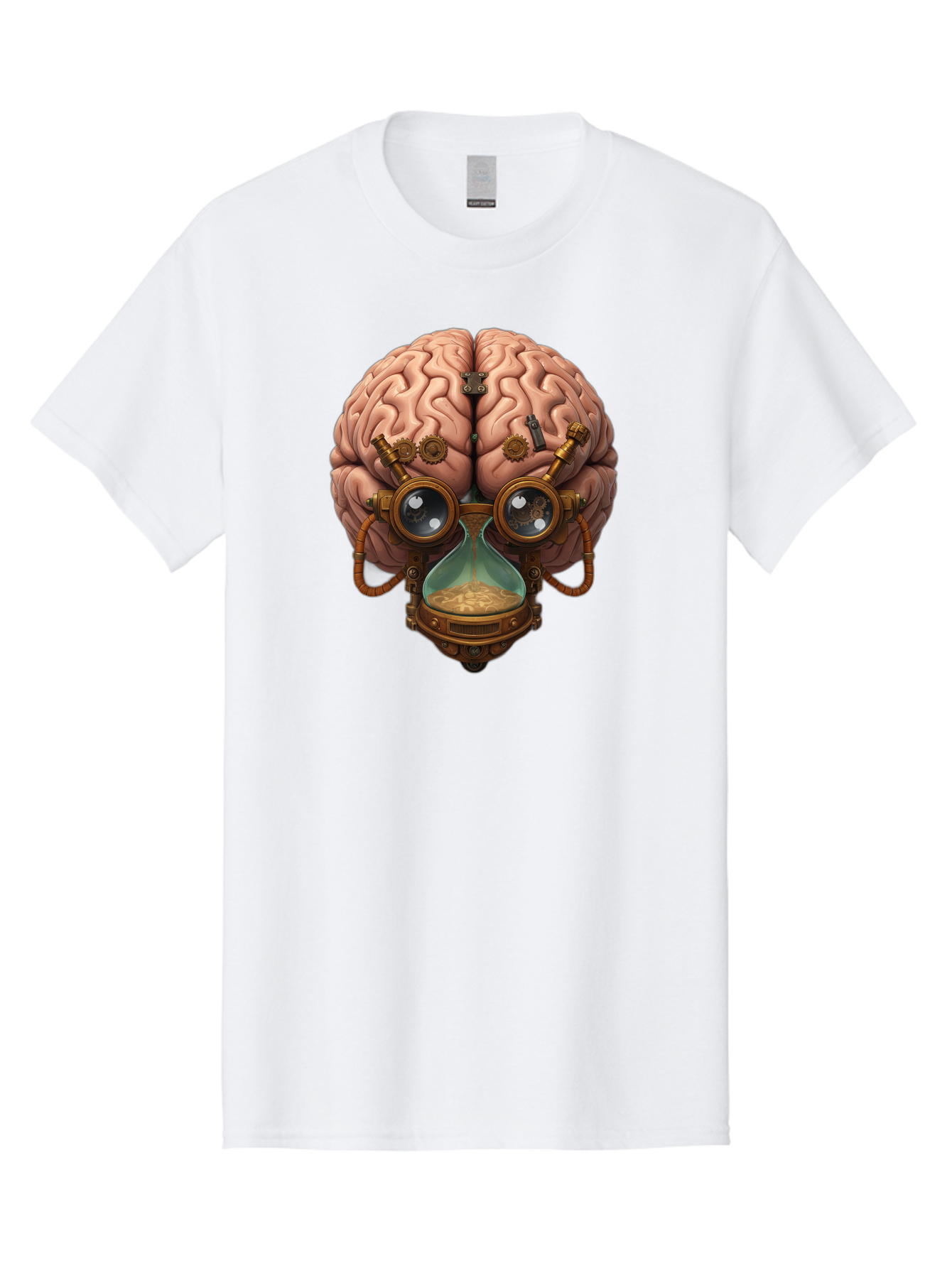 Steampunk-Brain Men'S Graphic Tee, 100% Cotton, Comfortable Casual Summer Wear, Machine Washable, Steampunk-Inspired Art, Brain With Goggles, Hourglass, Gears, Cogs, Industrial Design, Futuristic Innovation, Surrealism, Creative Imagination, Bab461