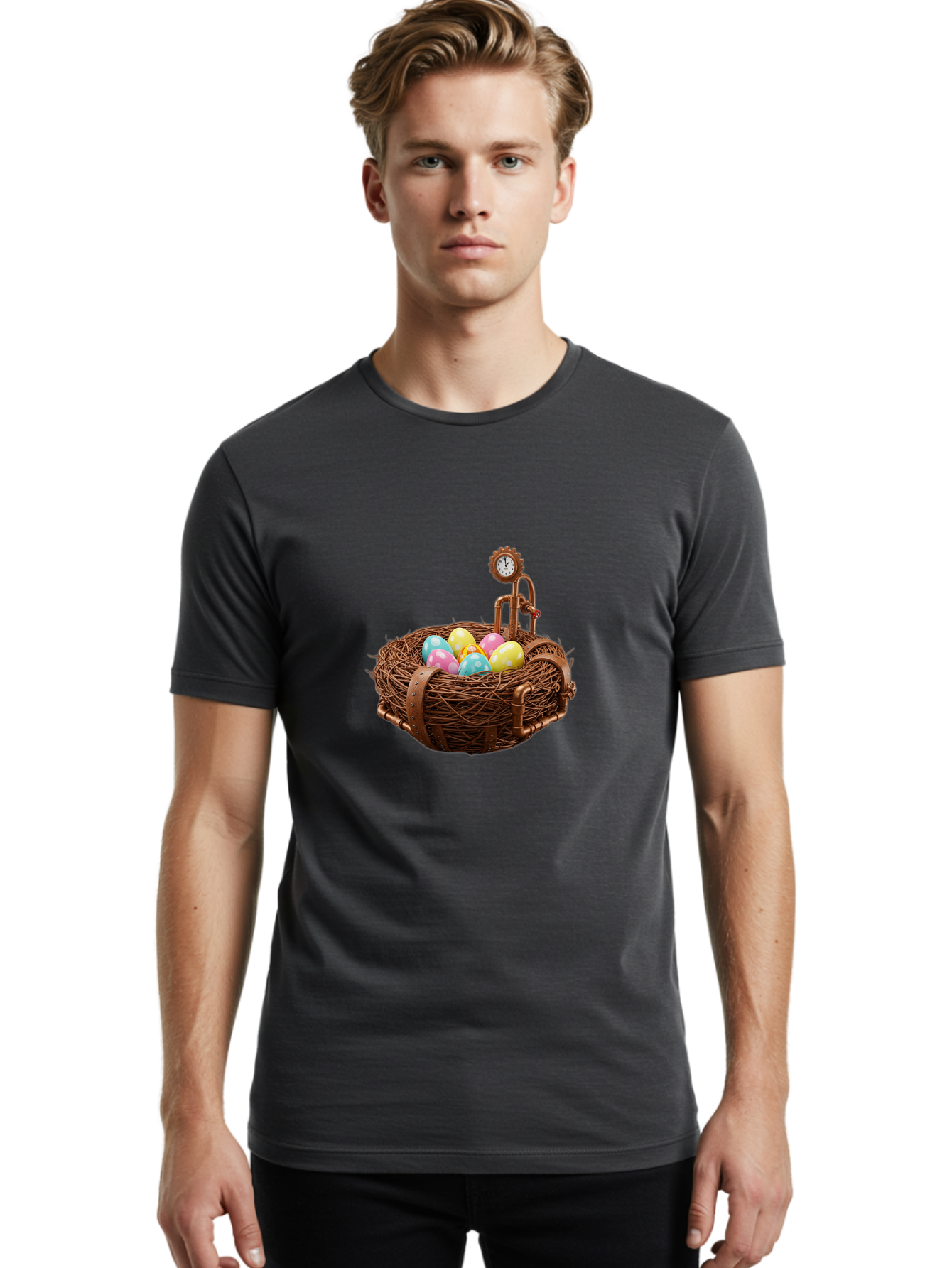 Steampunk-Nest Men'S Graphic Tee, 100% Cotton, Comfortable Casual Summer Wear, Machine Washable, Steampunk Nest, Copper Clock, Pastel Eggs, Vintage Timepiece, Industrial Eggs, Unique Clockwork, Quirky Art Bab462