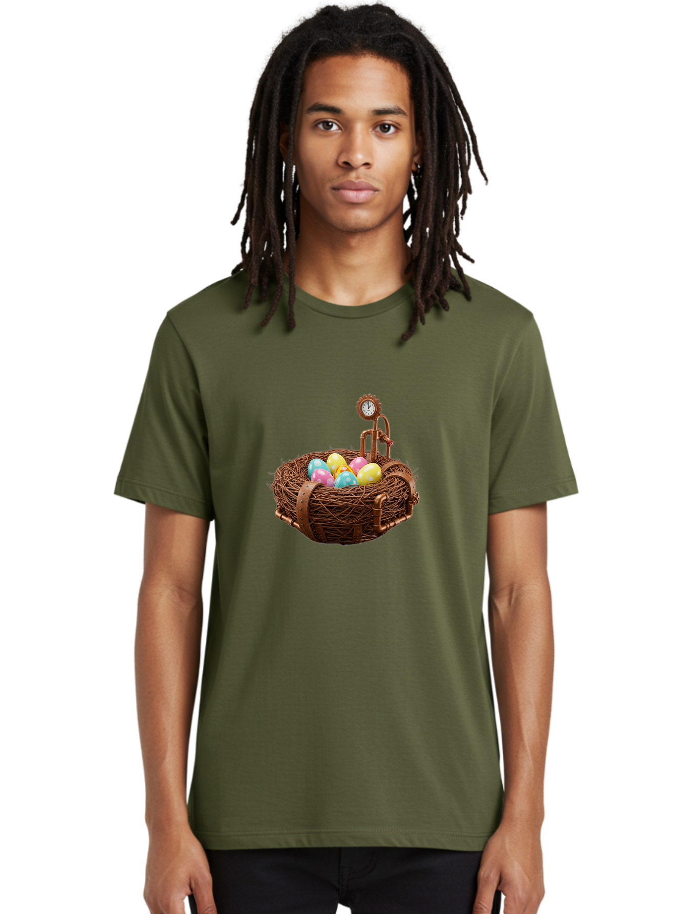 Steampunk-Nest Men'S Graphic Tee, 100% Cotton, Comfortable Casual Summer Wear, Machine Washable, Steampunk Nest, Copper Clock, Pastel Eggs, Vintage Timepiece, Industrial Eggs, Unique Clockwork, Quirky Art Bab462