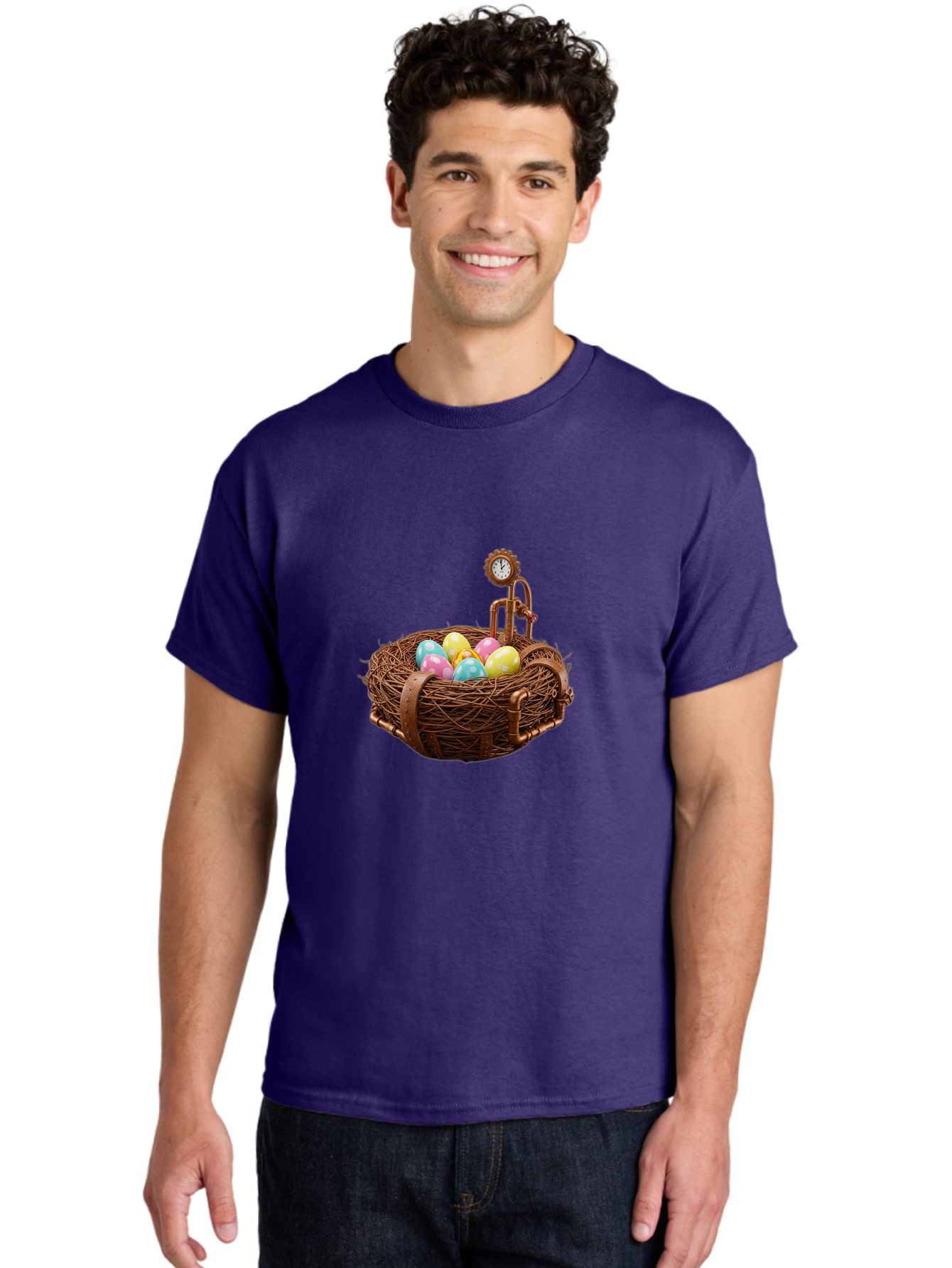 Steampunk-Nest Men'S Graphic Tee, 100% Cotton, Comfortable Casual Summer Wear, Machine Washable, Steampunk Nest, Copper Clock, Pastel Eggs, Vintage Timepiece, Industrial Eggs, Unique Clockwork, Quirky Art Bab462