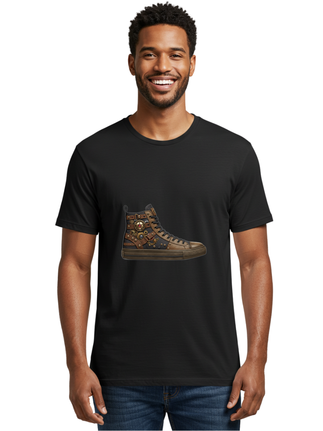Steampunk-Sneaker Men'S Graphic Tee, 100% Cotton, Comfortable Casual Summer Wear, Machine Washable, Steampunk Fashion, High-Top Sneaker, Leather Accents, Industrial Design, Gear Details, Metal Rivets, Bold Style, Edgy Look, Unique Footwear Bab463