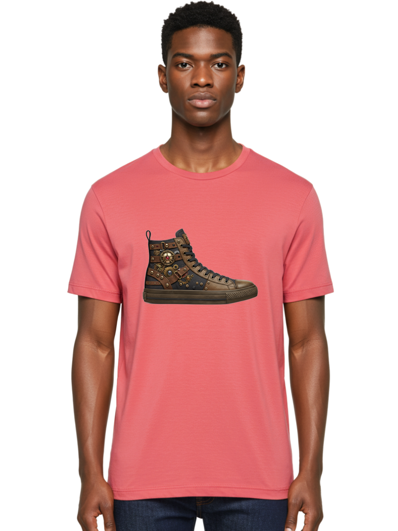 Steampunk-Sneaker Men'S Graphic Tee, 100% Cotton, Comfortable Casual Summer Wear, Machine Washable, Steampunk Fashion, High-Top Sneaker, Leather Accents, Industrial Design, Gear Details, Metal Rivets, Bold Style, Edgy Look, Unique Footwear Bab463
