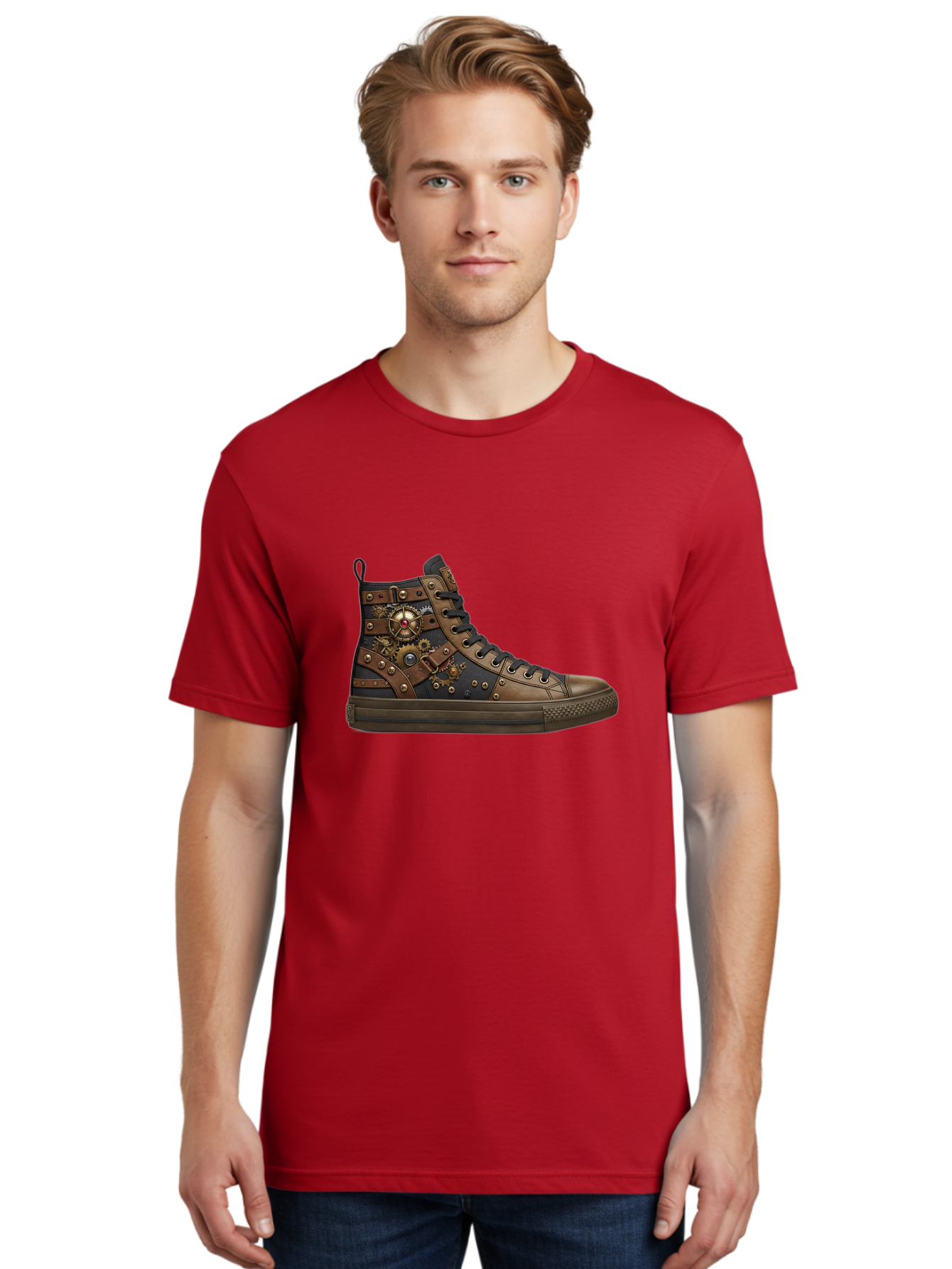 Steampunk-Sneaker Men'S Graphic Tee, 100% Cotton, Comfortable Casual Summer Wear, Machine Washable, Steampunk Fashion, High-Top Sneaker, Leather Accents, Industrial Design, Gear Details, Metal Rivets, Bold Style, Edgy Look, Unique Footwear Bab463