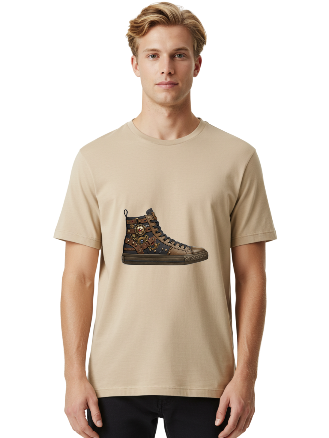 Steampunk-Sneaker Men'S Graphic Tee, 100% Cotton, Comfortable Casual Summer Wear, Machine Washable, Steampunk Fashion, High-Top Sneaker, Leather Accents, Industrial Design, Gear Details, Metal Rivets, Bold Style, Edgy Look, Unique Footwear Bab463