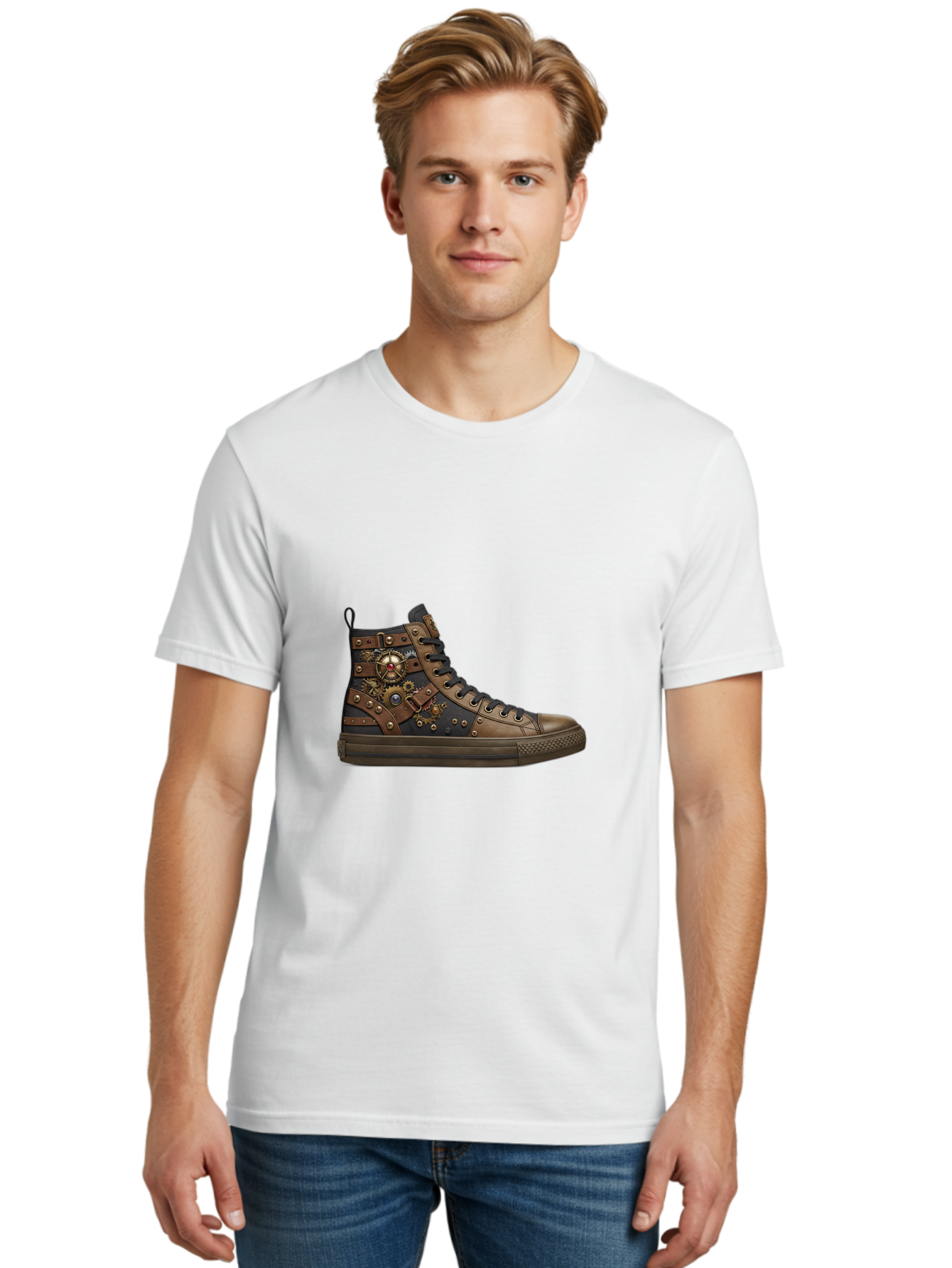 Steampunk-Sneaker Men'S Graphic Tee, 100% Cotton, Comfortable Casual Summer Wear, Machine Washable, Steampunk Fashion, High-Top Sneaker, Leather Accents, Industrial Design, Gear Details, Metal Rivets, Bold Style, Edgy Look, Unique Footwear Bab463