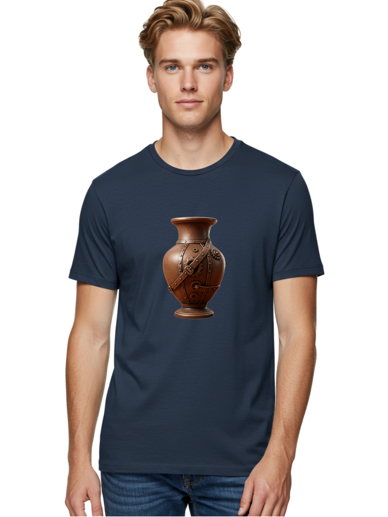 Steampunk-Vase Men'S Graphic Tee, 100% Cotton, Comfortable Casual Summer Wear, Machine Washable, Steampunk Style Vase, Antique Bronze Finish, Metallic Straps, Gear Mechanisms, Industrial Chic, Vintage Decor, Unique Art Piece, Bab464