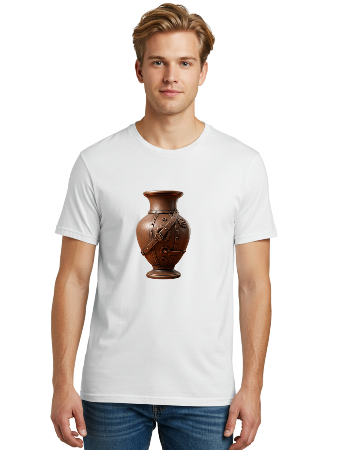 Steampunk-Vase Men'S Graphic Tee, 100% Cotton, Comfortable Casual Summer Wear, Machine Washable, Steampunk Style Vase, Antique Bronze Finish, Metallic Straps, Gear Mechanisms, Industrial Chic, Vintage Decor, Unique Art Piece, Bab464