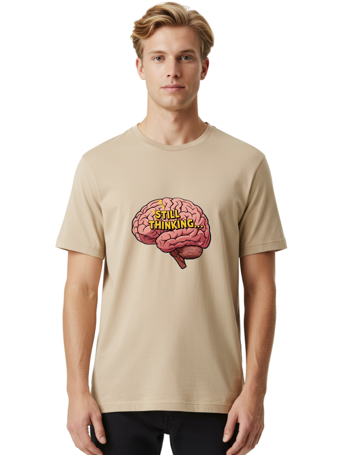 Still-Thinking-1 Men'S Graphic Tee, 100% Cotton, Comfortable Casual Summer Wear, Machine Washable, Human Brain, Thinking Process, Cognitive Function, Problem Solving, Mental Activity, Still Thinking, Cartoon Brain, Neuroscience, Bab465