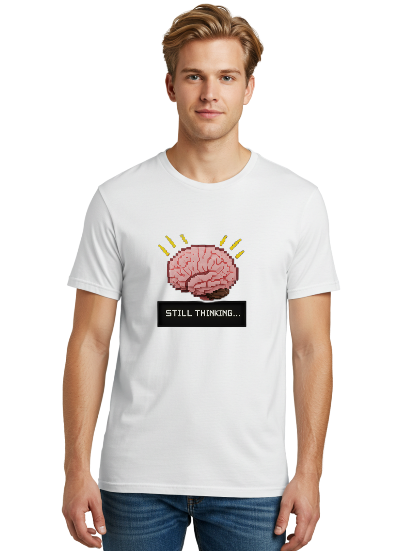 Still-Thinking-2 Men'S Graphic Tee, 100% Cotton, Comfortable Casual Summer Wear, Machine Washable, Pixel Art Brain, Thinking Face, Deep Thought, Problem Solving, Cognitive Function, Brain Activity, Still Thinking, Creative Thinking, Bab466