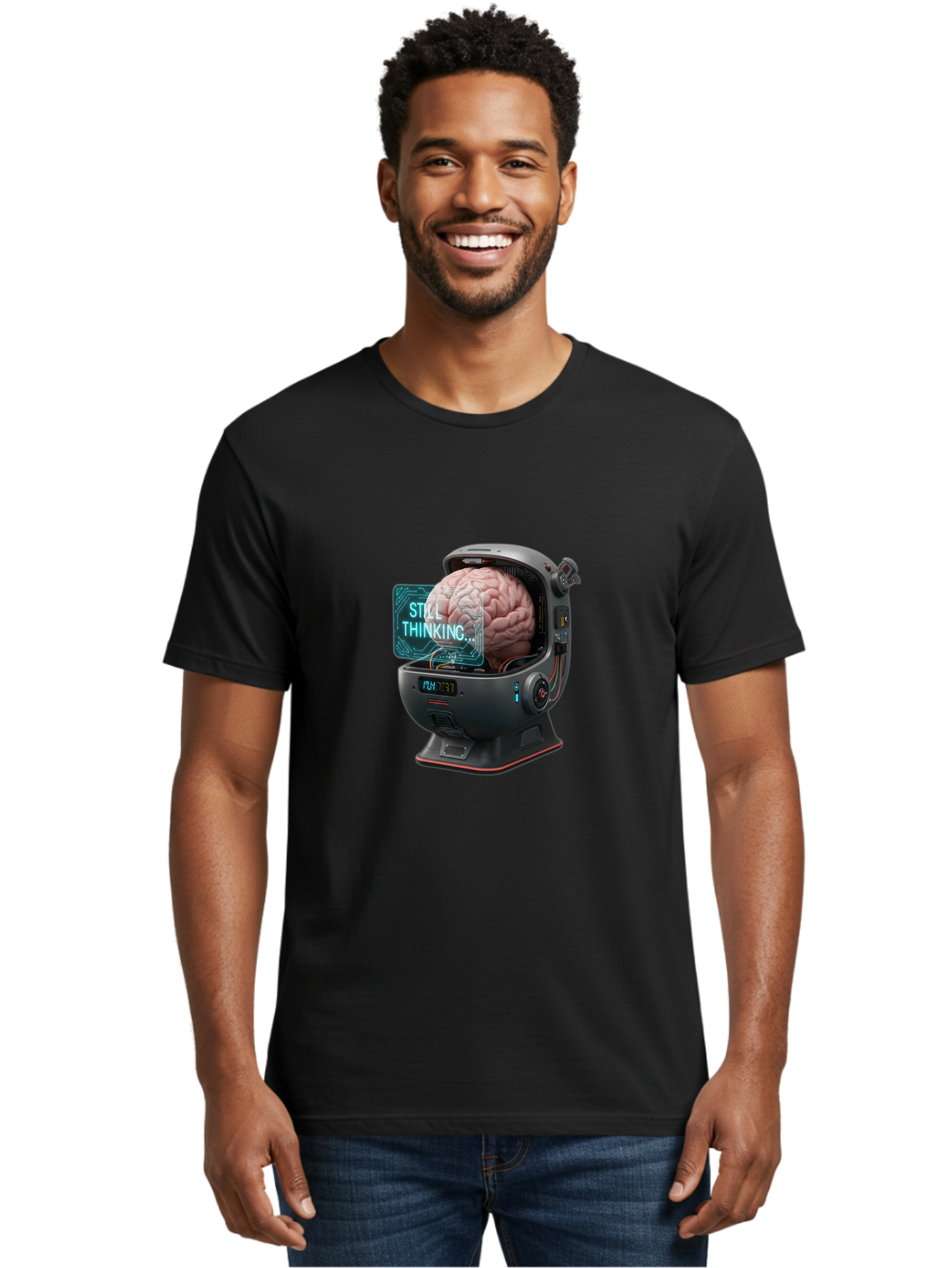 Still-Thinking-3 Men'S Graphic Tee, 100% Cotton, Comfortable Casual Summer Wear, Machine Washable, Human Brain In Sci-Fi Machine, Artificial Intelligence Concept, Futuristic Technology, Brain Activity, Still Thinking Message, Bab467