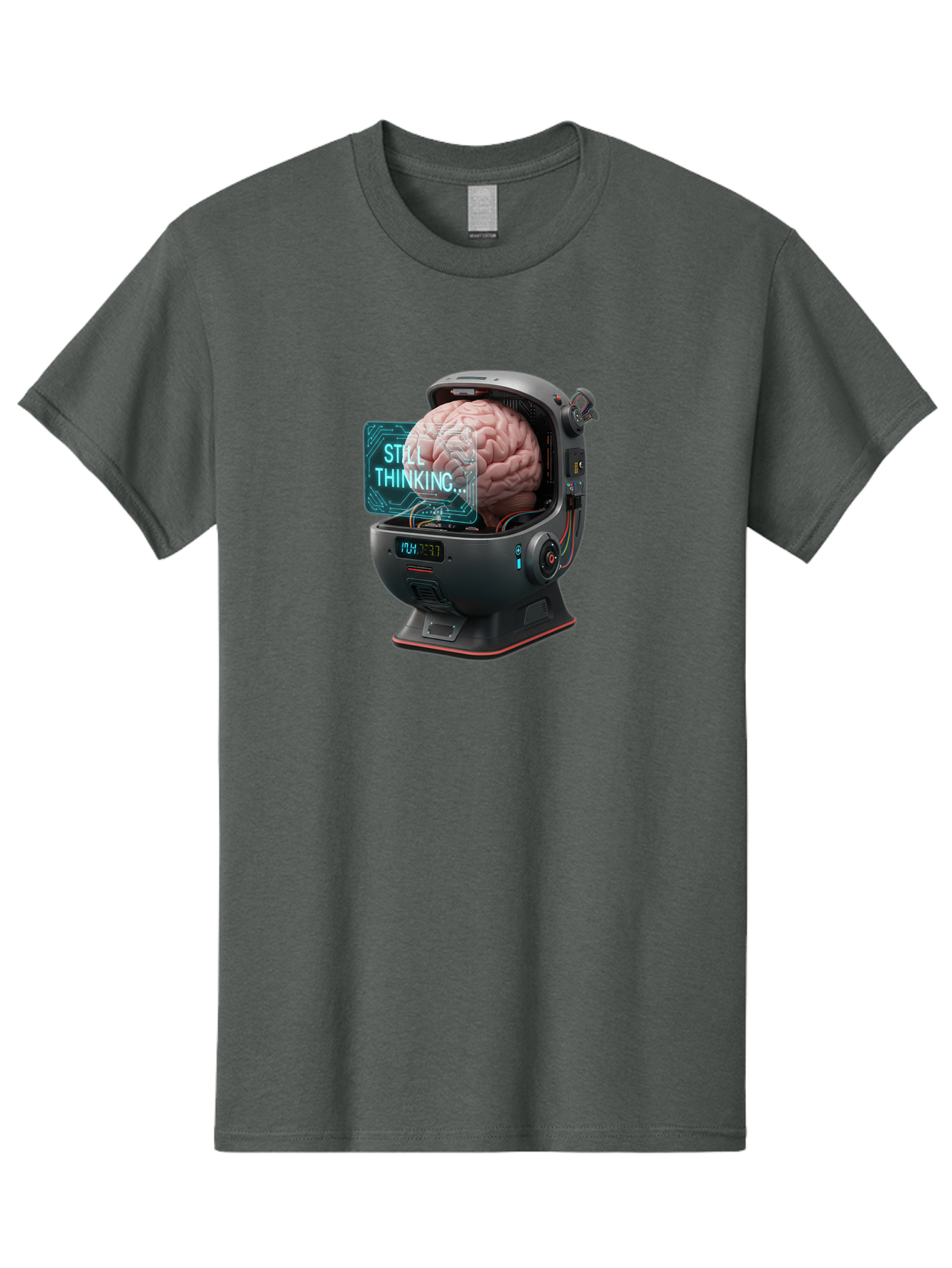 Still-Thinking-3 Men'S Graphic Tee, 100% Cotton, Comfortable Casual Summer Wear, Machine Washable, Human Brain In Sci-Fi Machine, Artificial Intelligence Concept, Futuristic Technology, Brain Activity, Still Thinking Message, Bab467