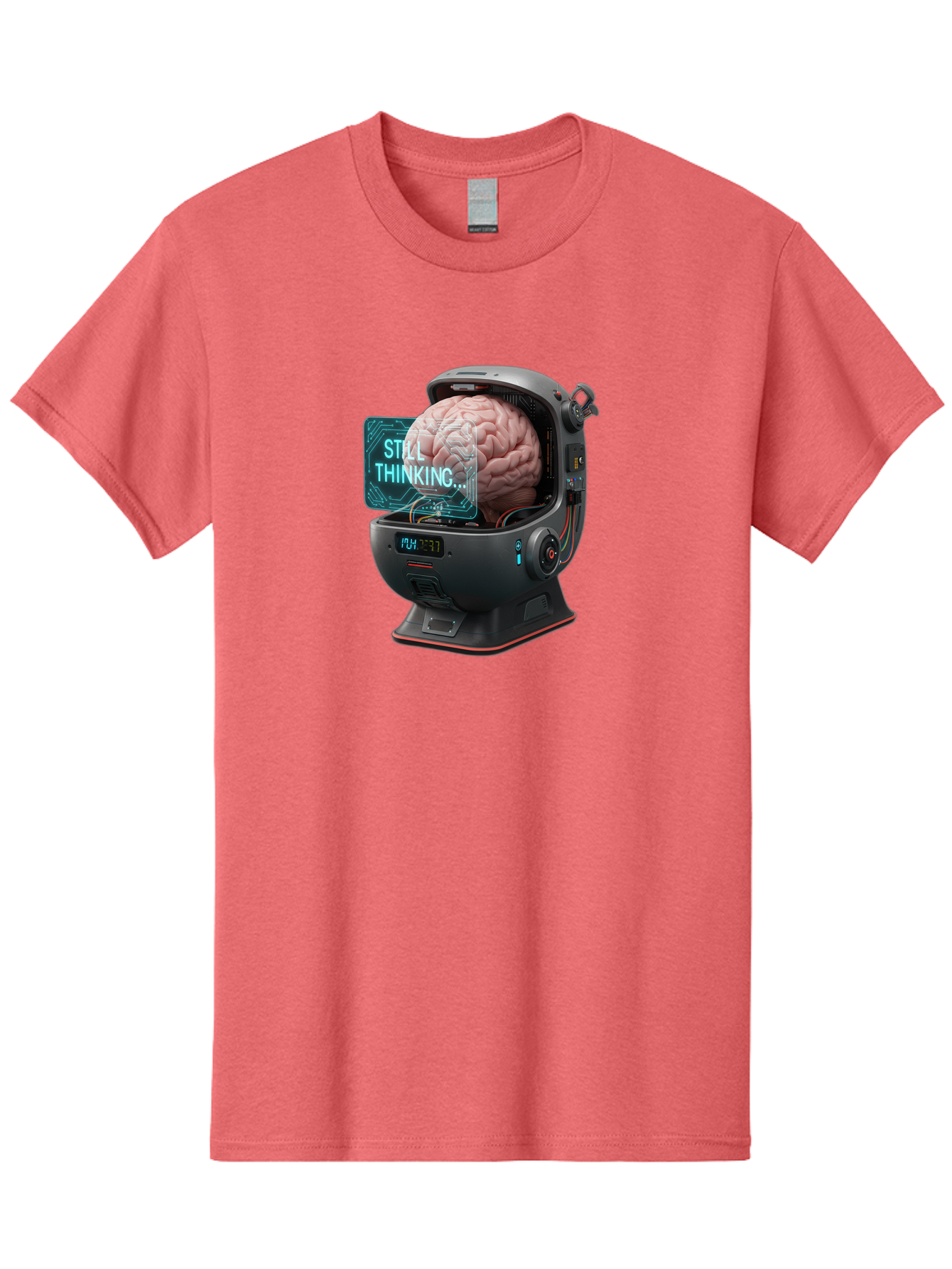 Still-Thinking-3 Men'S Graphic Tee, 100% Cotton, Comfortable Casual Summer Wear, Machine Washable, Human Brain In Sci-Fi Machine, Artificial Intelligence Concept, Futuristic Technology, Brain Activity, Still Thinking Message, Bab467