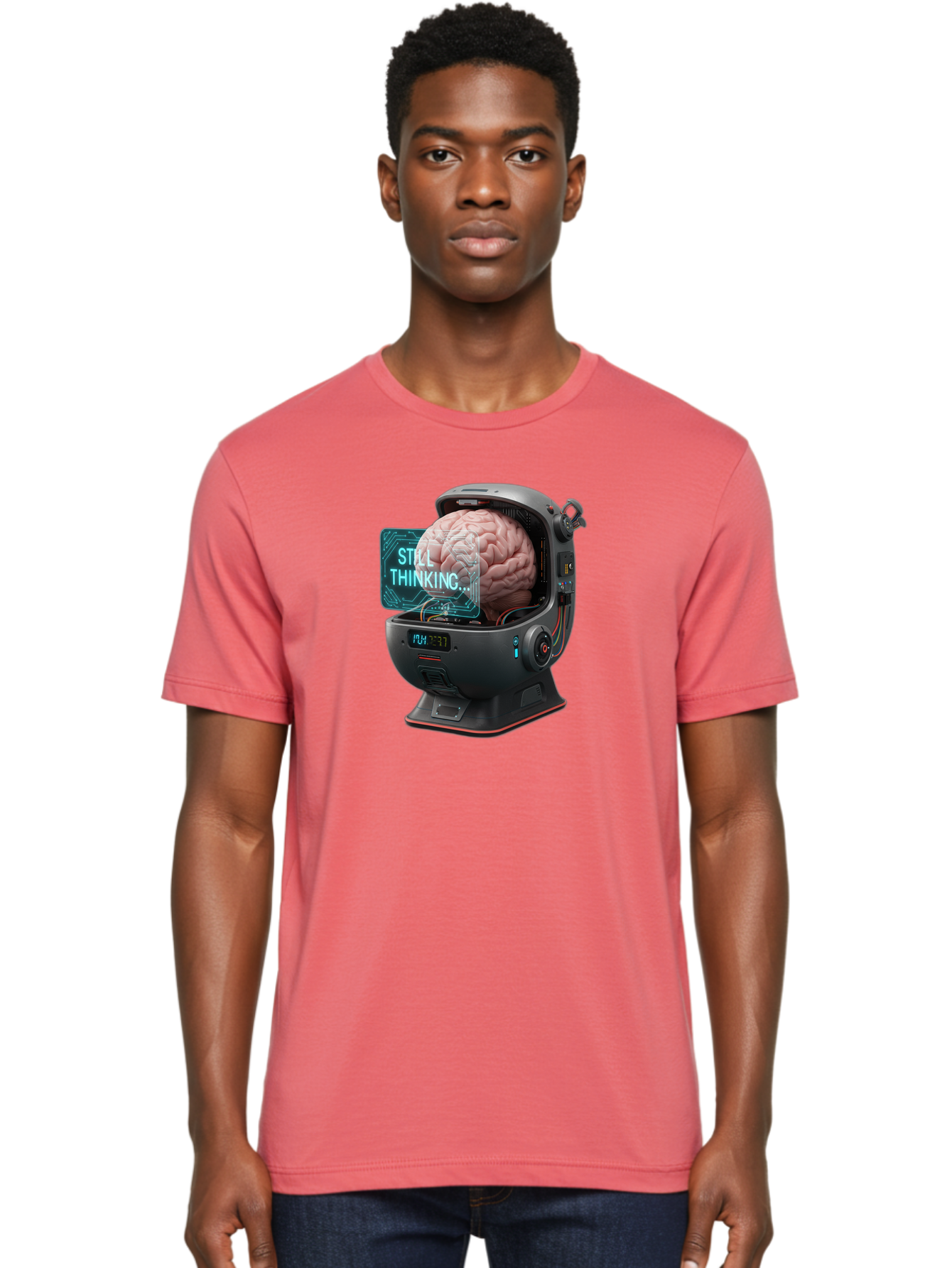 Still-Thinking-3 Men'S Graphic Tee, 100% Cotton, Comfortable Casual Summer Wear, Machine Washable, Human Brain In Sci-Fi Machine, Artificial Intelligence Concept, Futuristic Technology, Brain Activity, Still Thinking Message, Bab467