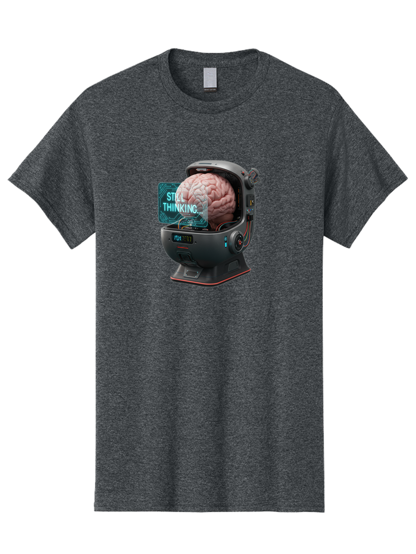 Still-Thinking-3 Men'S Graphic Tee, 100% Cotton, Comfortable Casual Summer Wear, Machine Washable, Human Brain In Sci-Fi Machine, Artificial Intelligence Concept, Futuristic Technology, Brain Activity, Still Thinking Message, Bab467