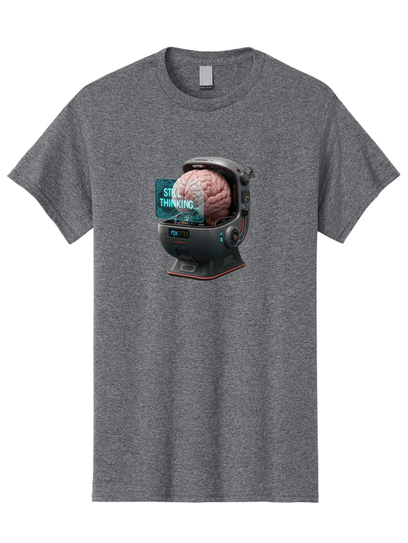Still-Thinking-3 Men'S Graphic Tee, 100% Cotton, Comfortable Casual Summer Wear, Machine Washable, Human Brain In Sci-Fi Machine, Artificial Intelligence Concept, Futuristic Technology, Brain Activity, Still Thinking Message, Bab467