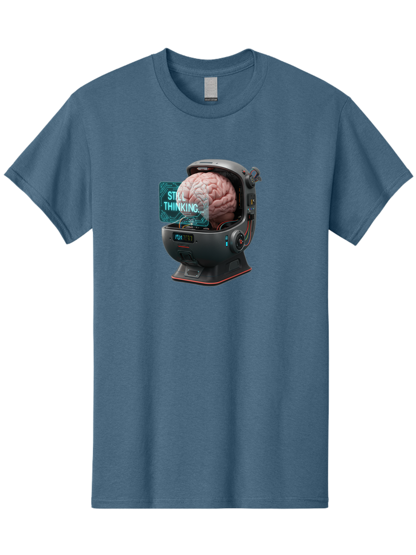 Still-Thinking-3 Men'S Graphic Tee, 100% Cotton, Comfortable Casual Summer Wear, Machine Washable, Human Brain In Sci-Fi Machine, Artificial Intelligence Concept, Futuristic Technology, Brain Activity, Still Thinking Message, Bab467