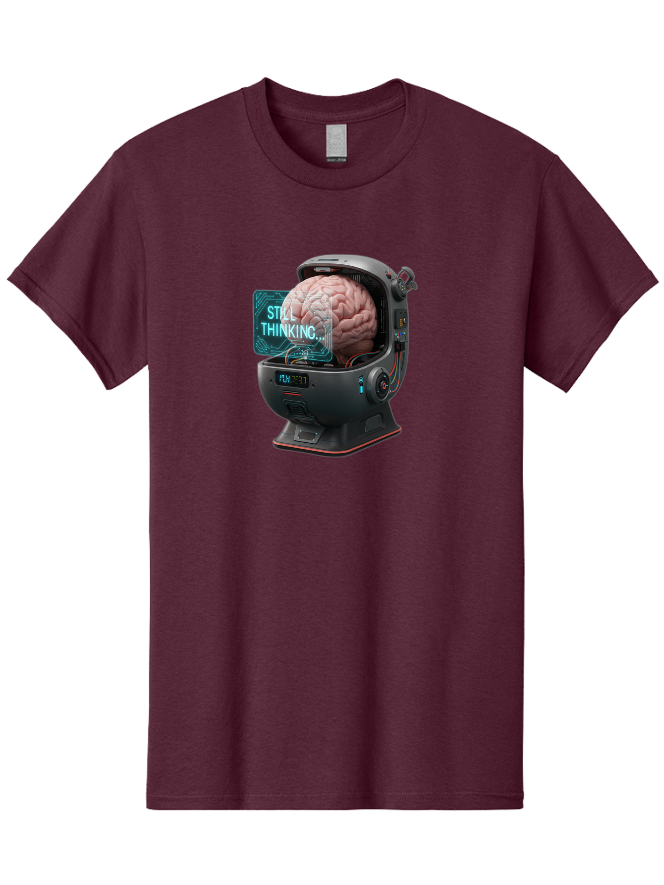 Still-Thinking-3 Men'S Graphic Tee, 100% Cotton, Comfortable Casual Summer Wear, Machine Washable, Human Brain In Sci-Fi Machine, Artificial Intelligence Concept, Futuristic Technology, Brain Activity, Still Thinking Message, Bab467