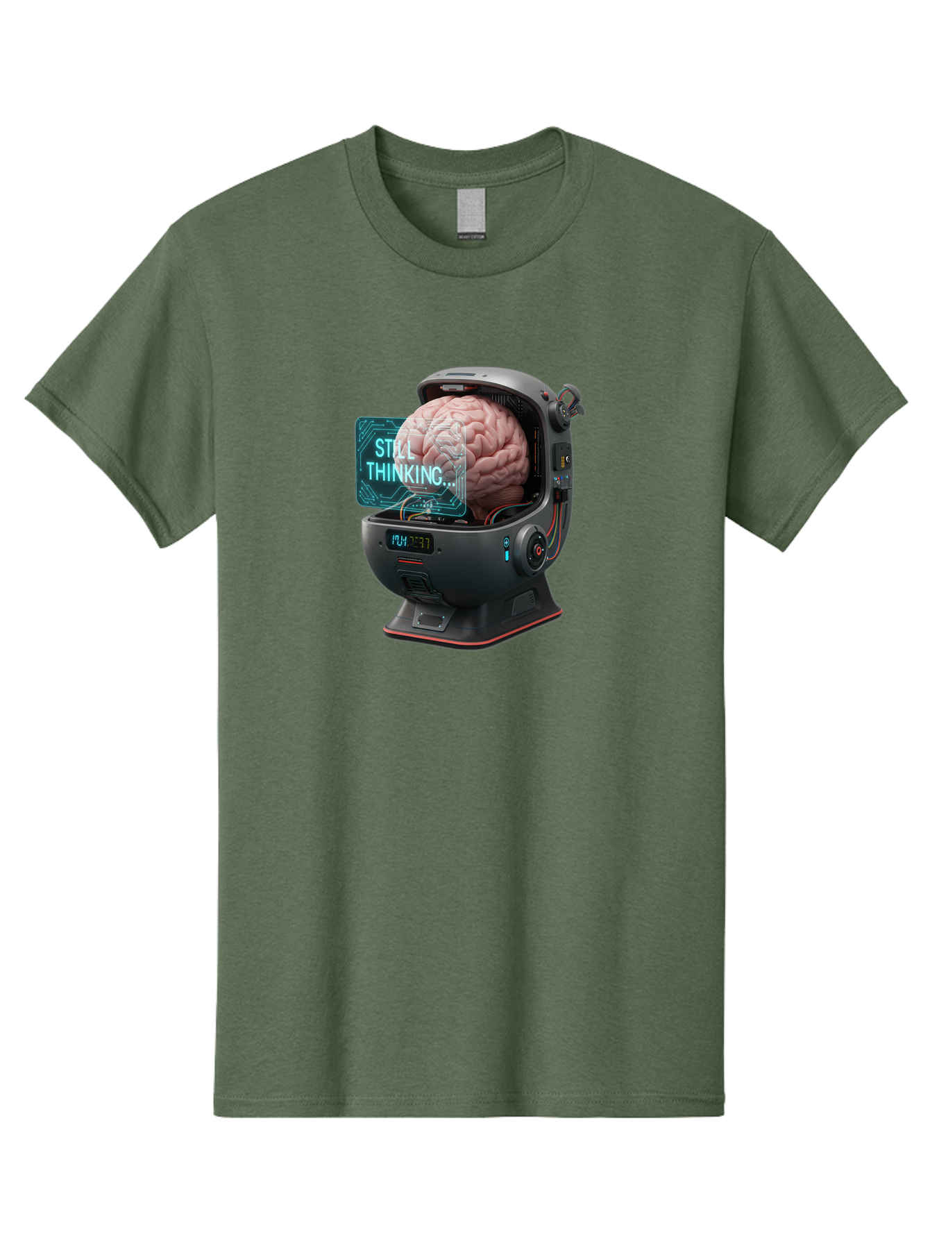 Still-Thinking-3 Men'S Graphic Tee, 100% Cotton, Comfortable Casual Summer Wear, Machine Washable, Human Brain In Sci-Fi Machine, Artificial Intelligence Concept, Futuristic Technology, Brain Activity, Still Thinking Message, Bab467